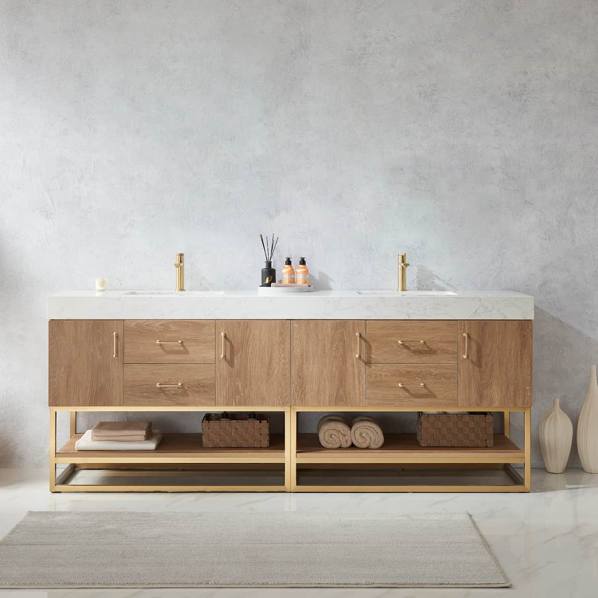 Vinnova Alistair 84 Inch Freestanding Double Vanity in North American Oak and Brushed Gold Frame with White Grain Stone Countertop Without Mirrors in Bathroom 789084-NO-GW-NM