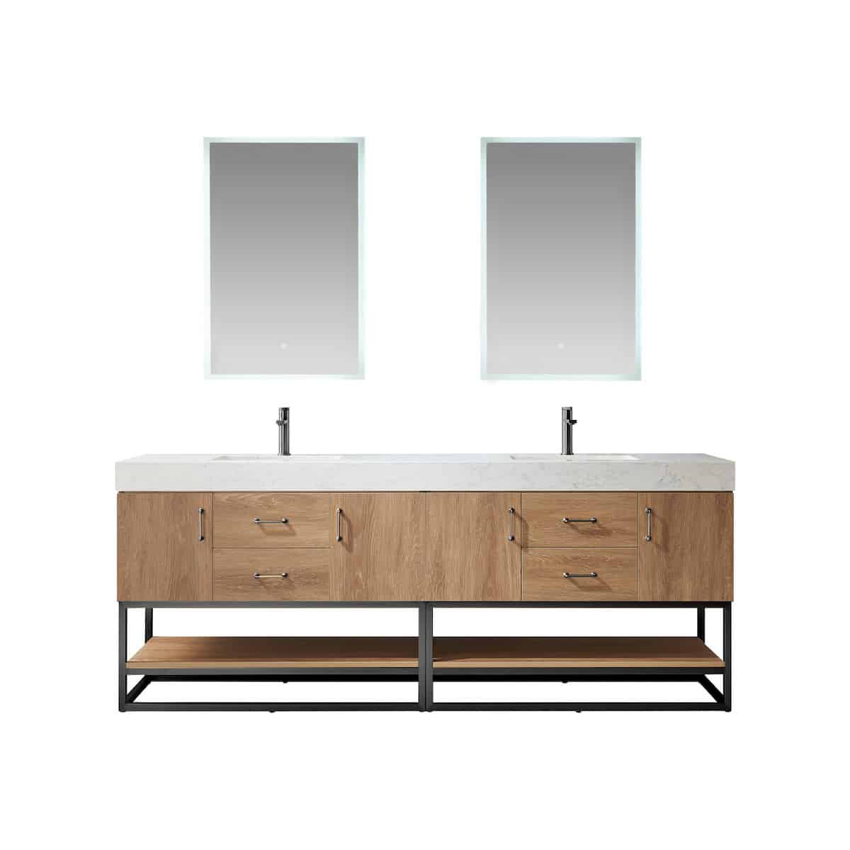 Vinnova Alistair 84 Inch Freestanding Double Vanity in North American Oak and Matte Black Frame with White Grain Stone Countertop With Mirrors 789084B-NO-GW