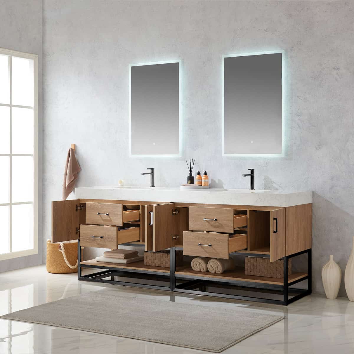 Vinnova Alistair 84 Inch Freestanding Double Vanity in North American Oak and Matte Black Frame with White Grain Stone Countertop With Mirrors Inside 789084B-NO-GW