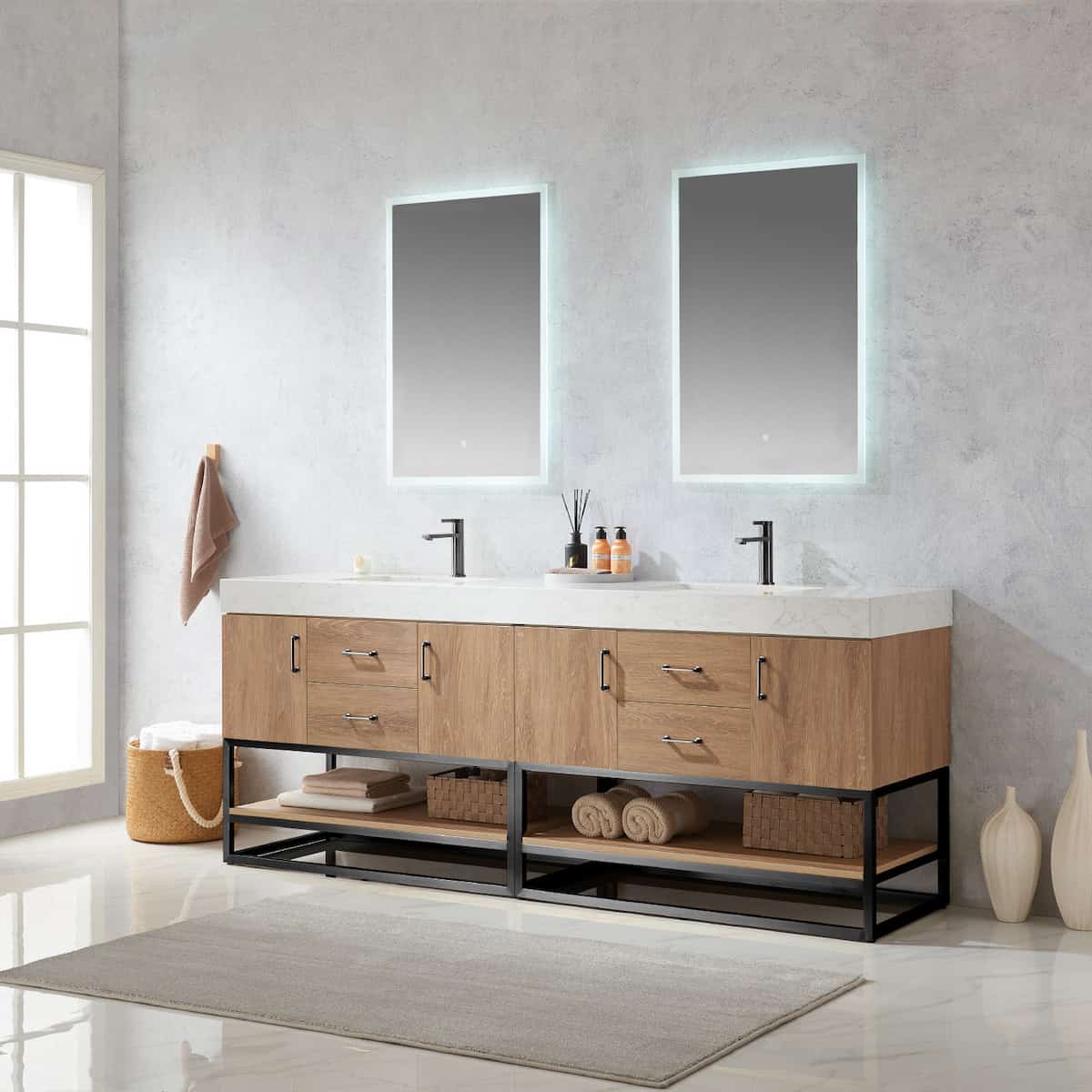 Vinnova Alistair 84 Inch Freestanding Double Vanity in North American Oak and Matte Black Frame with White Grain Stone Countertop With Mirrors Side 789084B-NO-GW