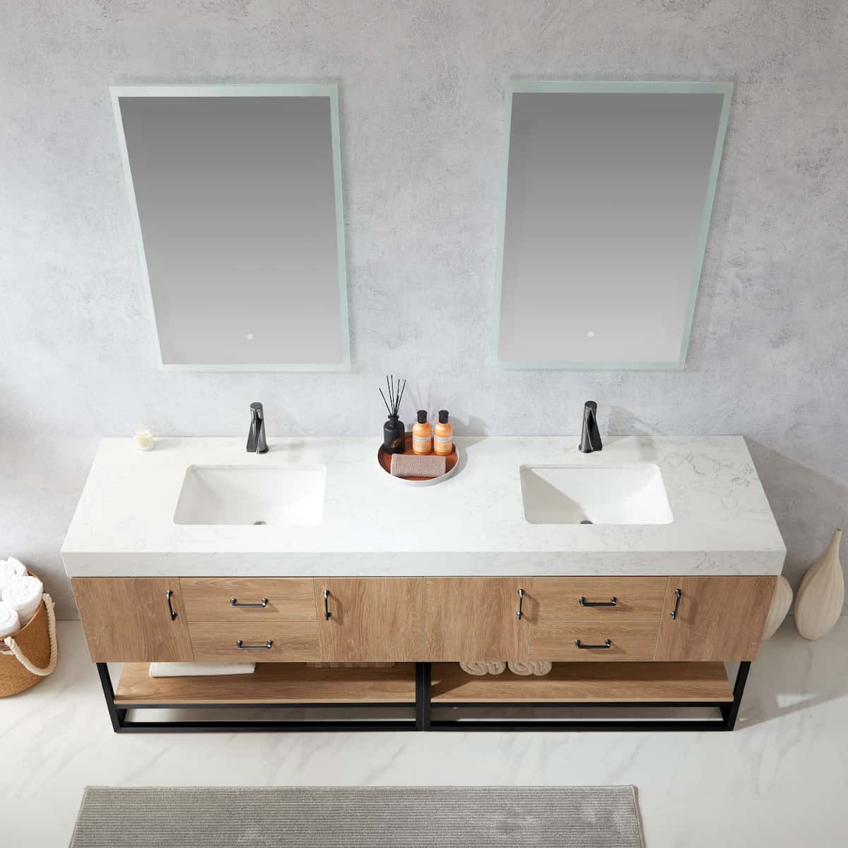 Vinnova Alistair 84 Inch Freestanding Double Vanity in North American Oak and Matte Black Frame with White Grain Stone Countertop With Mirrors Sinks 789084B-NO-GW