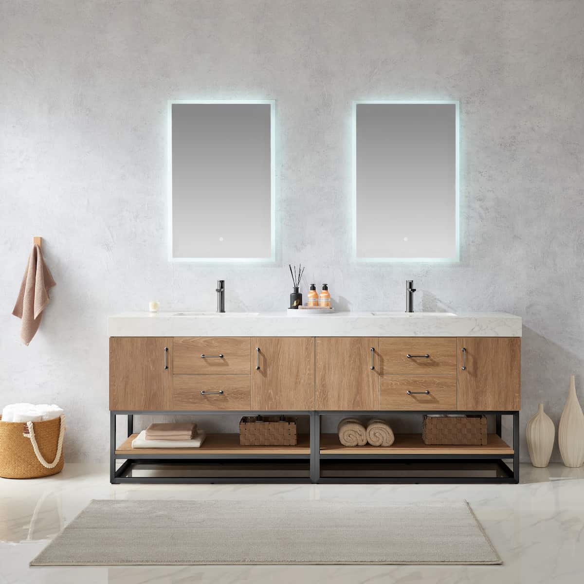 Vinnova Alistair 84 Inch Freestanding Double Vanity in North American Oak and Matte Black Frame with White Grain Stone Countertop With Mirrors in Bathroom 789084B-NO-GW