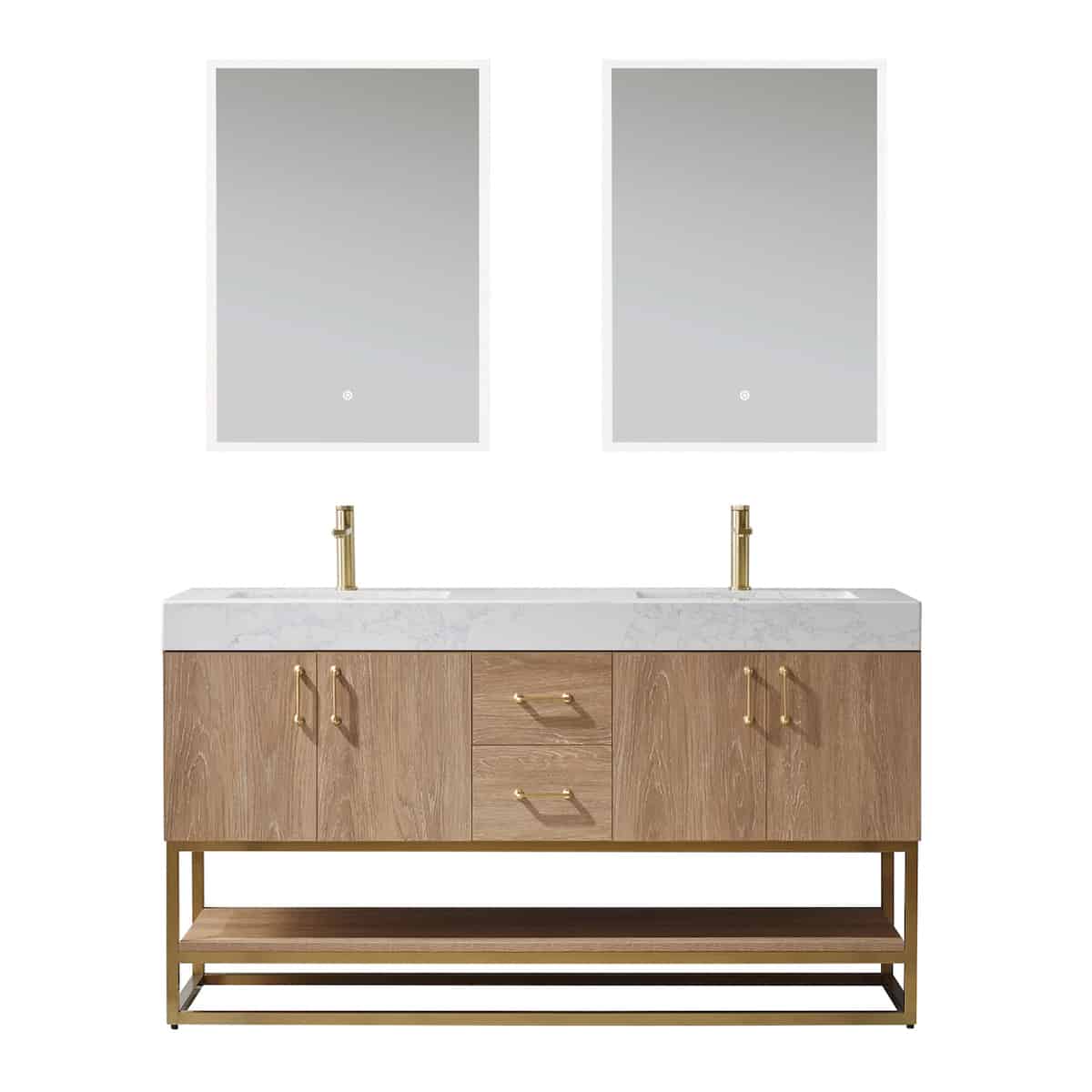 Vinnova Alistair 60 Inch Freestanding Double Vanity in North American Oak and Brushed Gold Frame with White Grain Stone Countertop With Mirrors 789060-NO-GW