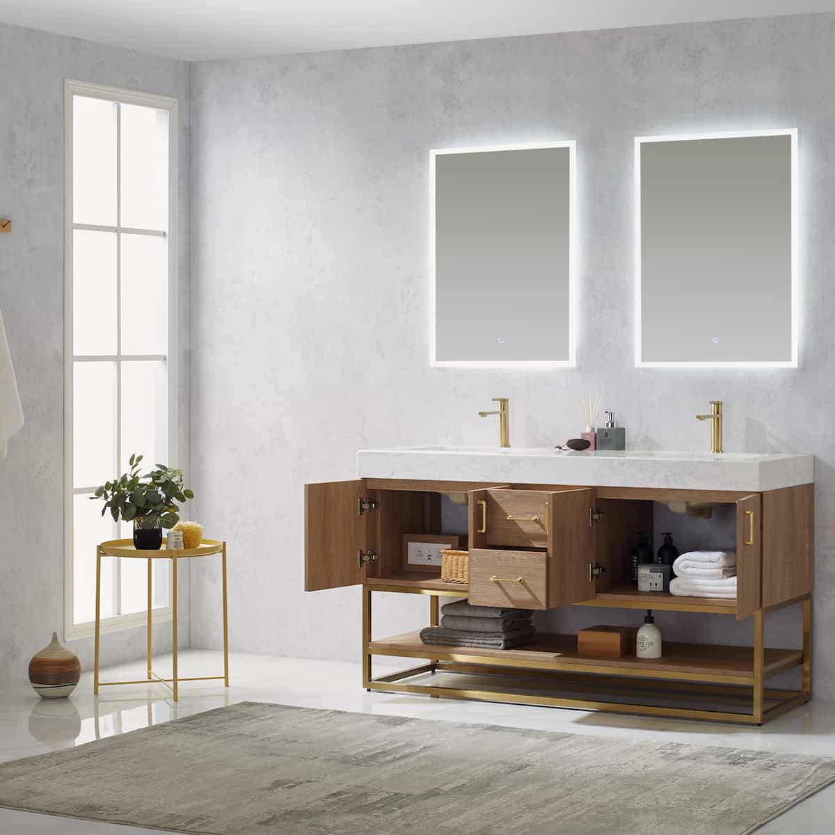 Vinnova Alistair 60 Inch Freestanding Double Vanity in North American Oak and Brushed Gold Frame with White Grain Stone Countertop With Mirrors Inside 789060-NO-GW