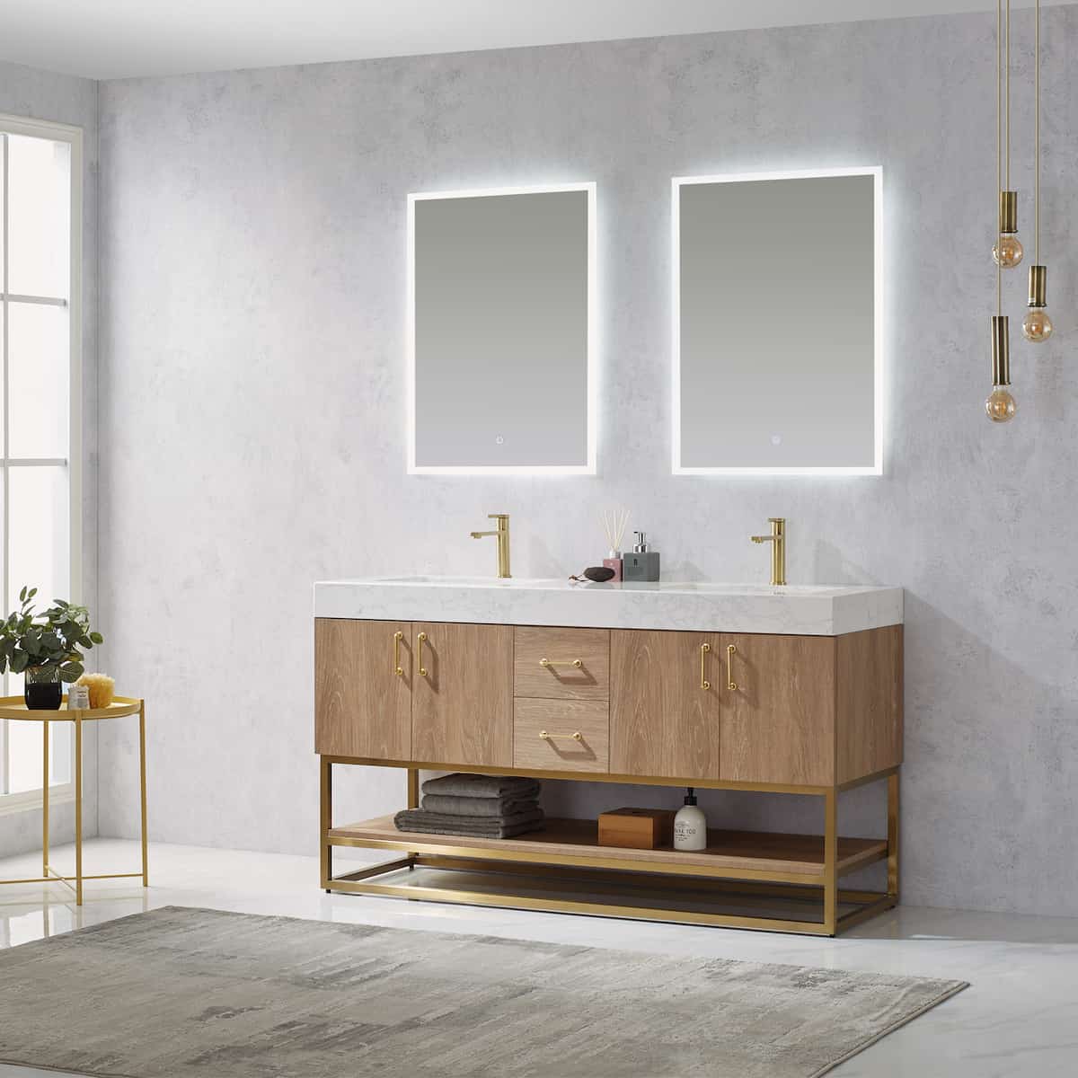 Vinnova Alistair 60 Inch Freestanding Double Vanity in North American Oak and Brushed Gold Frame with White Grain Stone Countertop With Mirrors Side 789060-NO-GW