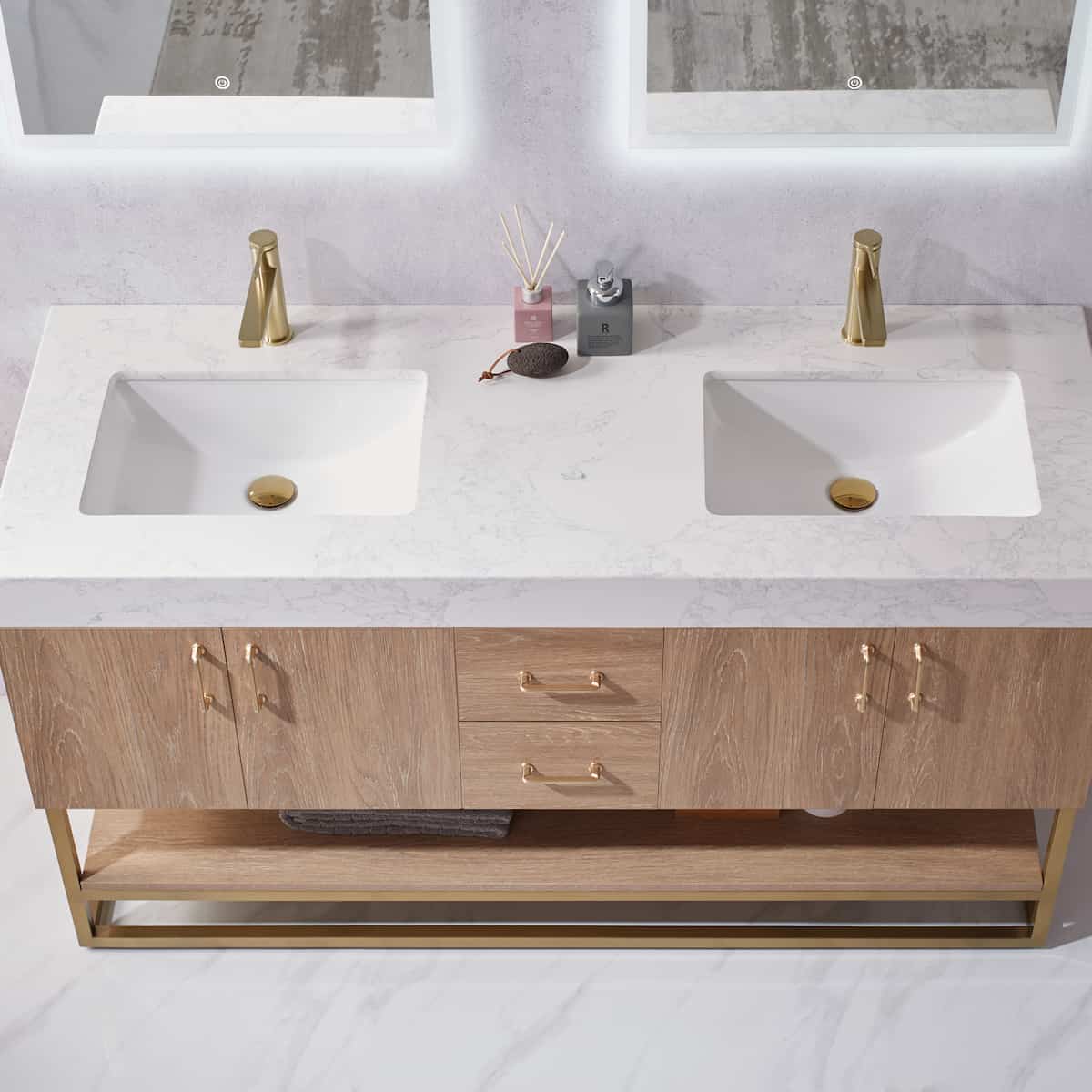 Vinnova Alistair 60 Inch Freestanding Double Vanity in North American Oak and Brushed Gold Frame with White Grain Stone Countertop With Mirrors Sinks 789060-NO-GW
