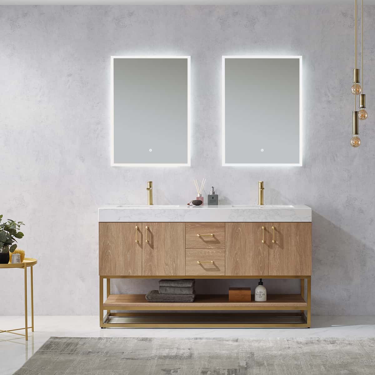 Vinnova Alistair 60 Inch Freestanding Double Vanity in North American Oak and Brushed Gold Frame with White Grain Stone Countertop With Mirrors in Bathroom 789060-NO-GW
