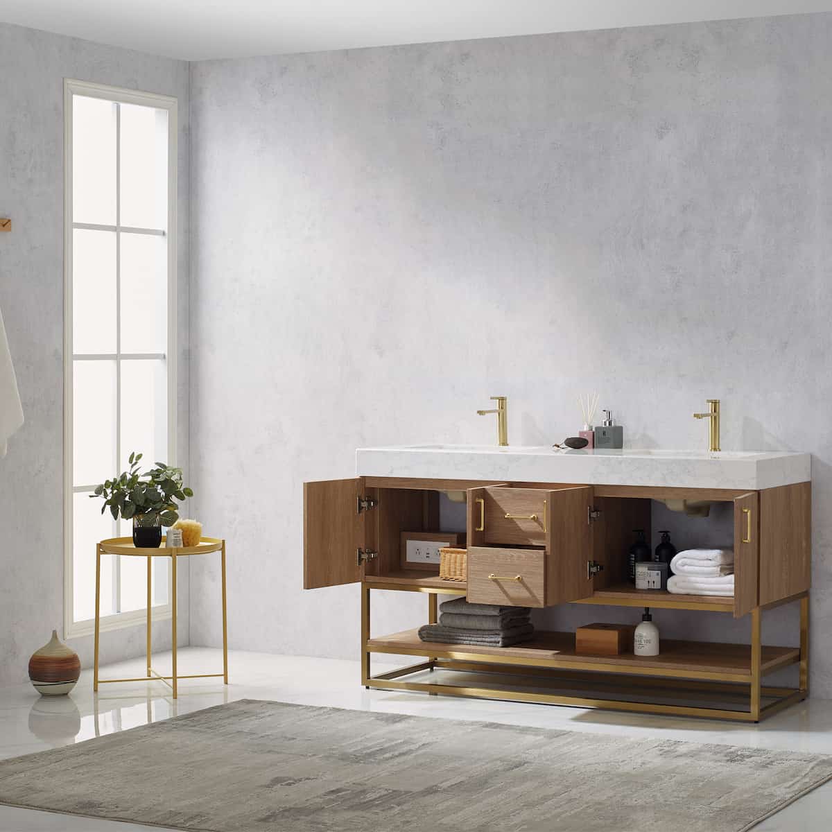 Vinnova Alistair 60 Inch Freestanding Double Vanity in North American Oak and Brushed Gold Frame with White Grain Stone Countertop Without Mirror Inside 789060-NO-GW-NM