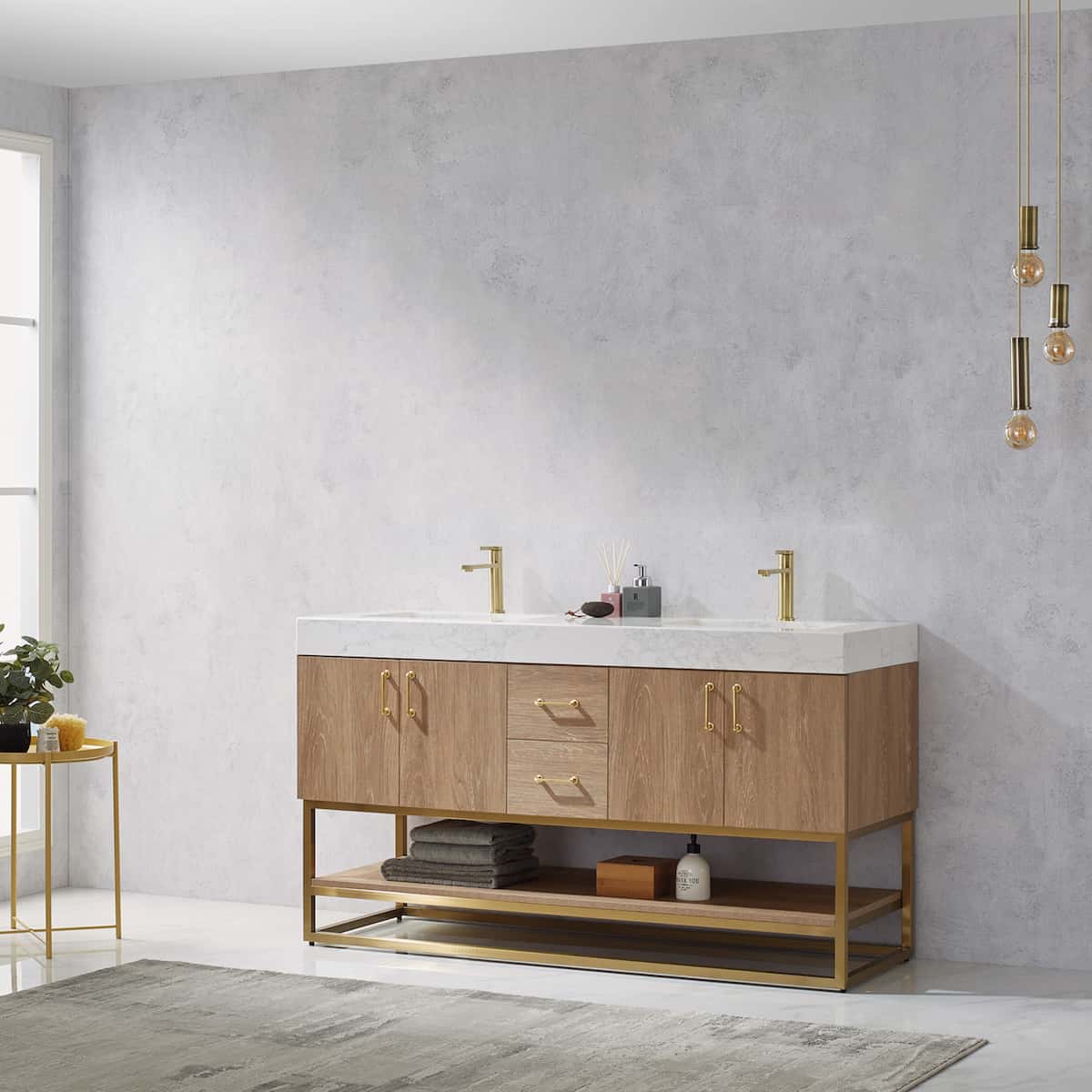Vinnova Alistair 60 Inch Freestanding Double Vanity in North American Oak and Brushed Gold Frame with White Grain Stone Countertop Without Mirror Side 789060-NO-GW-NM