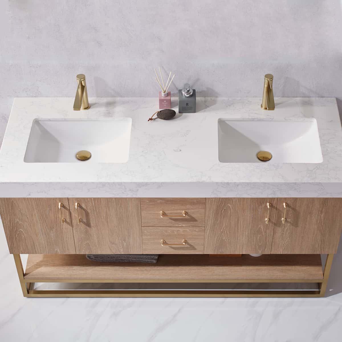 Vinnova Alistair 60 Inch Freestanding Double Vanity in North American Oak and Brushed Gold Frame with White Grain Stone Countertop Without Mirror Sinks 789060-NO-GW-NM