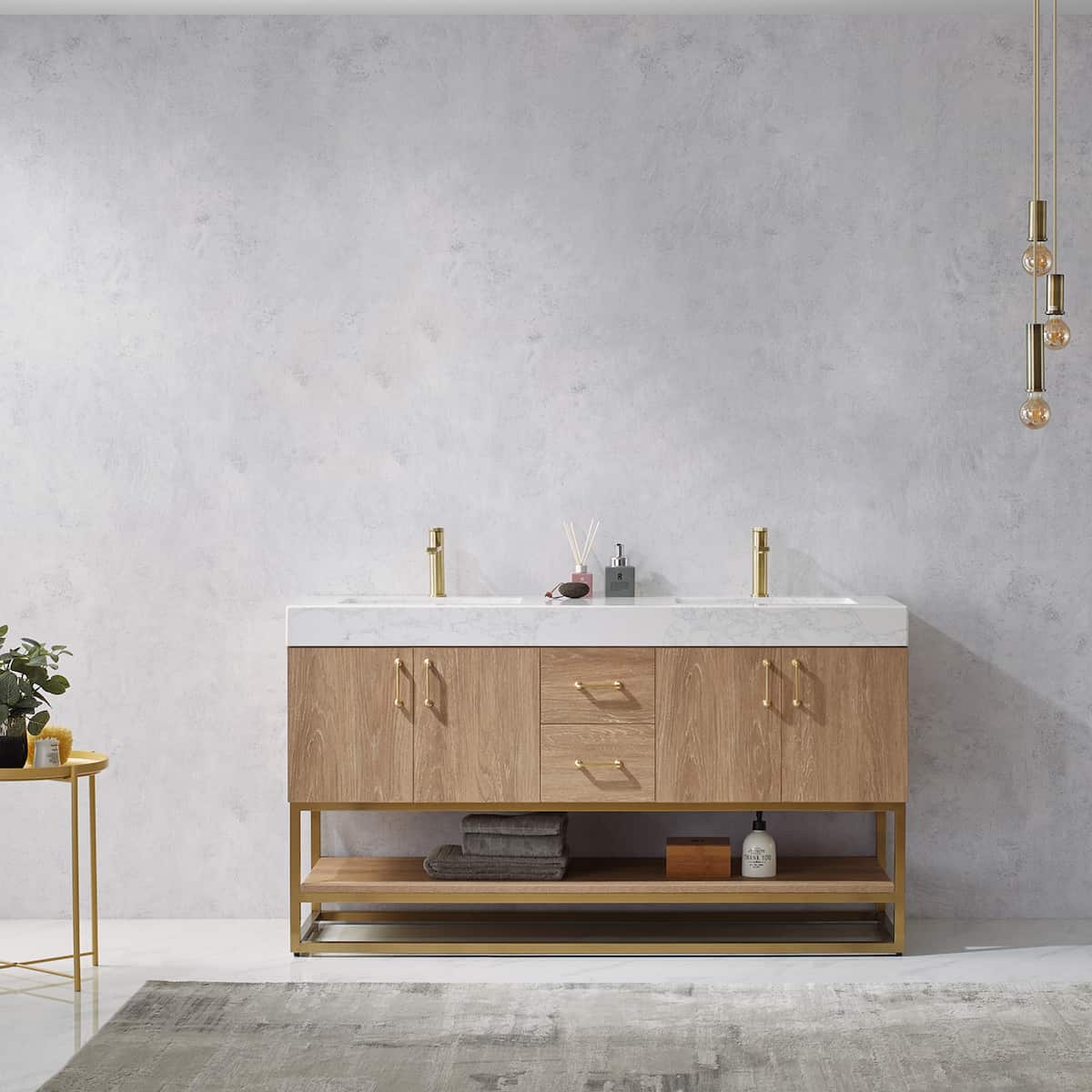 Vinnova Alistair 60 Inch Freestanding Double Vanity in North American Oak and Brushed Gold Frame with White Grain Stone Countertop Without Mirror in Bathroom 789060-NO-GW-NM