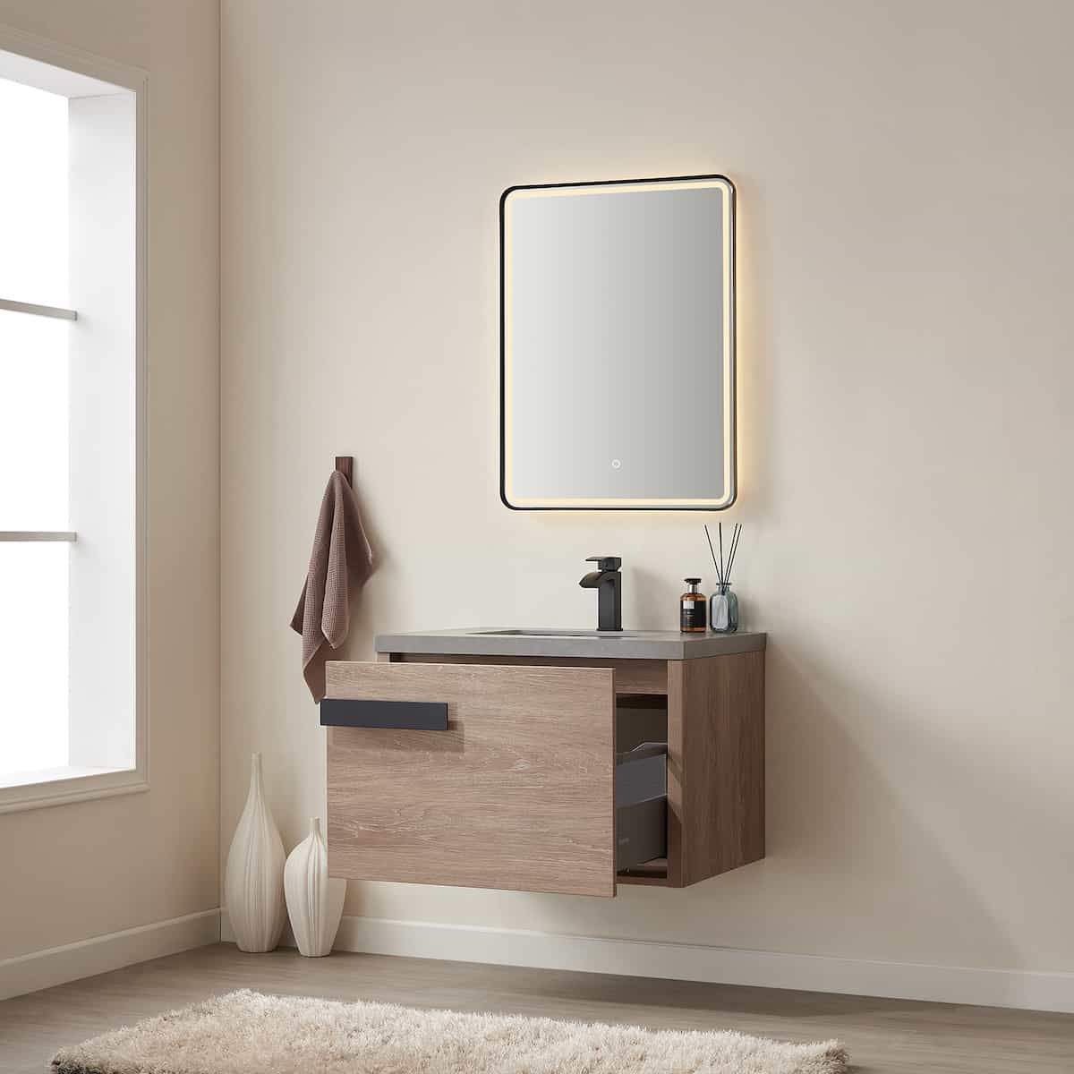 Vinnova Carcastillo 30 Inch Wall Mount Single Sink Vanity in North American Oak with Grey Sintered Stone Top With Mirror Open Drawer 7032-NO-WK