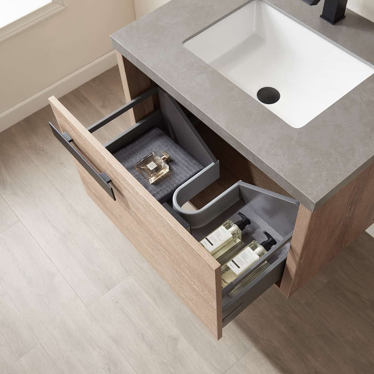 Vinnova Carcastillo 30 Inch Wall Mount Single Sink Vanity in North American Oak with Grey Sintered Stone Top With Mirror Inside 7032-NO-WK