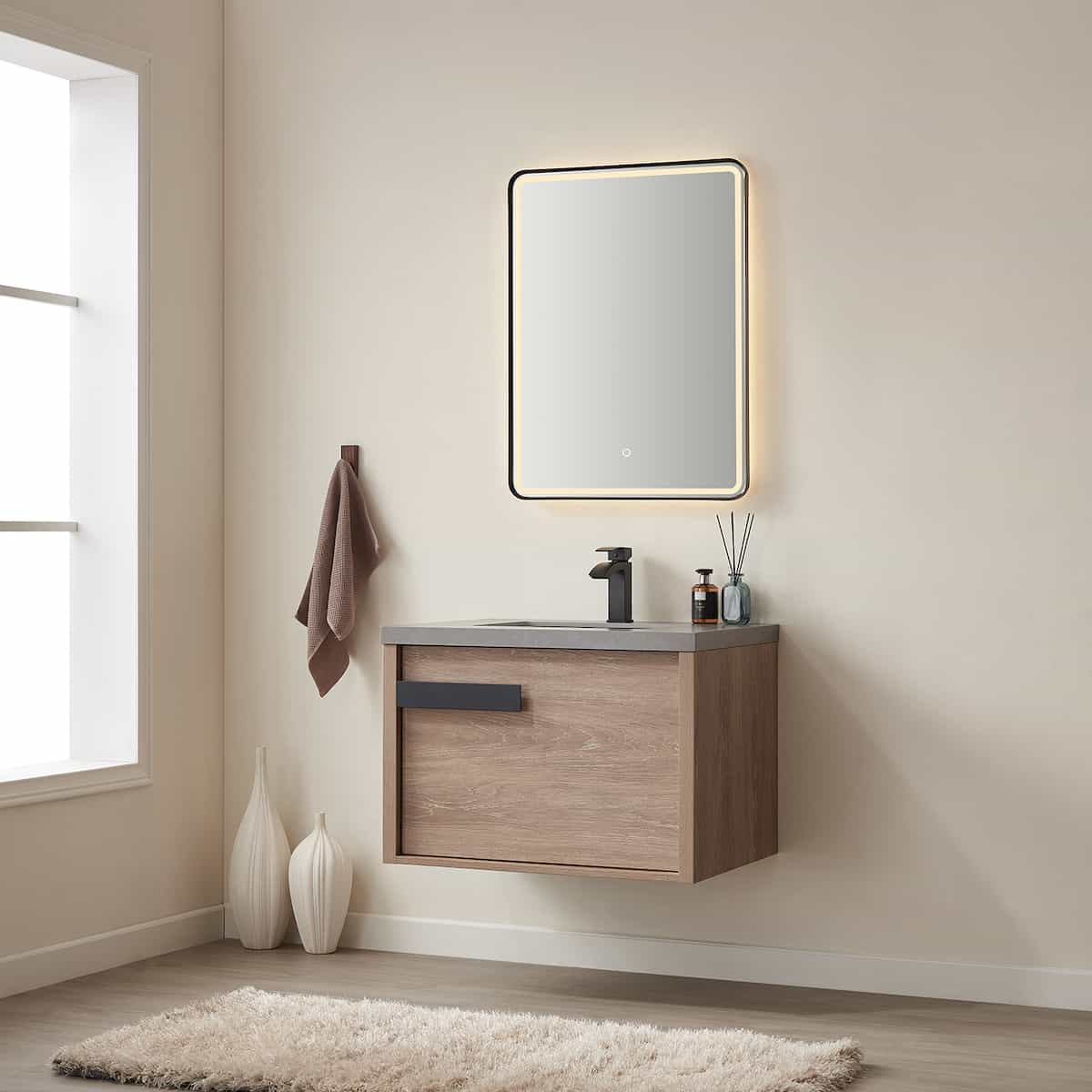 Vinnova Carcastillo 30 Inch Wall Mount Single Sink Vanity in North American Oak with Grey Sintered Stone Top With Mirror Side 7032-NO-WK