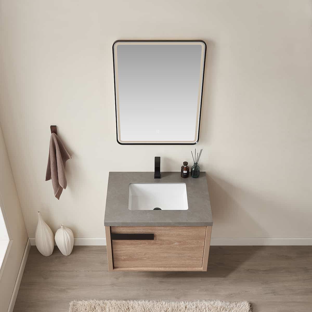 Vinnova Carcastillo 30 Inch Wall Mount Single Sink Vanity in North American Oak with Grey Sintered Stone Top With Mirror Sink 7032-NO-WK