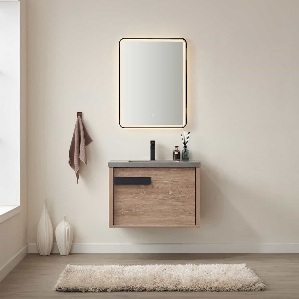 Vinnova Carcastillo 30 Inch Wall Mount Single Sink Vanity in North American Oak with Grey Sintered Stone Top With Mirror in Bathroom 7032-NO-WK