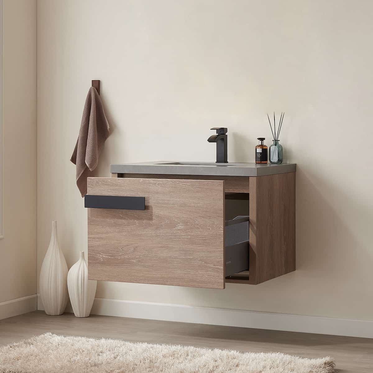 Vinnova Carcastillo 30 Inch Wall Mount Single Sink Vanity in North American Oak with Grey Sintered Stone Top Without Mirror Drawers 7032-NO-WK-NM