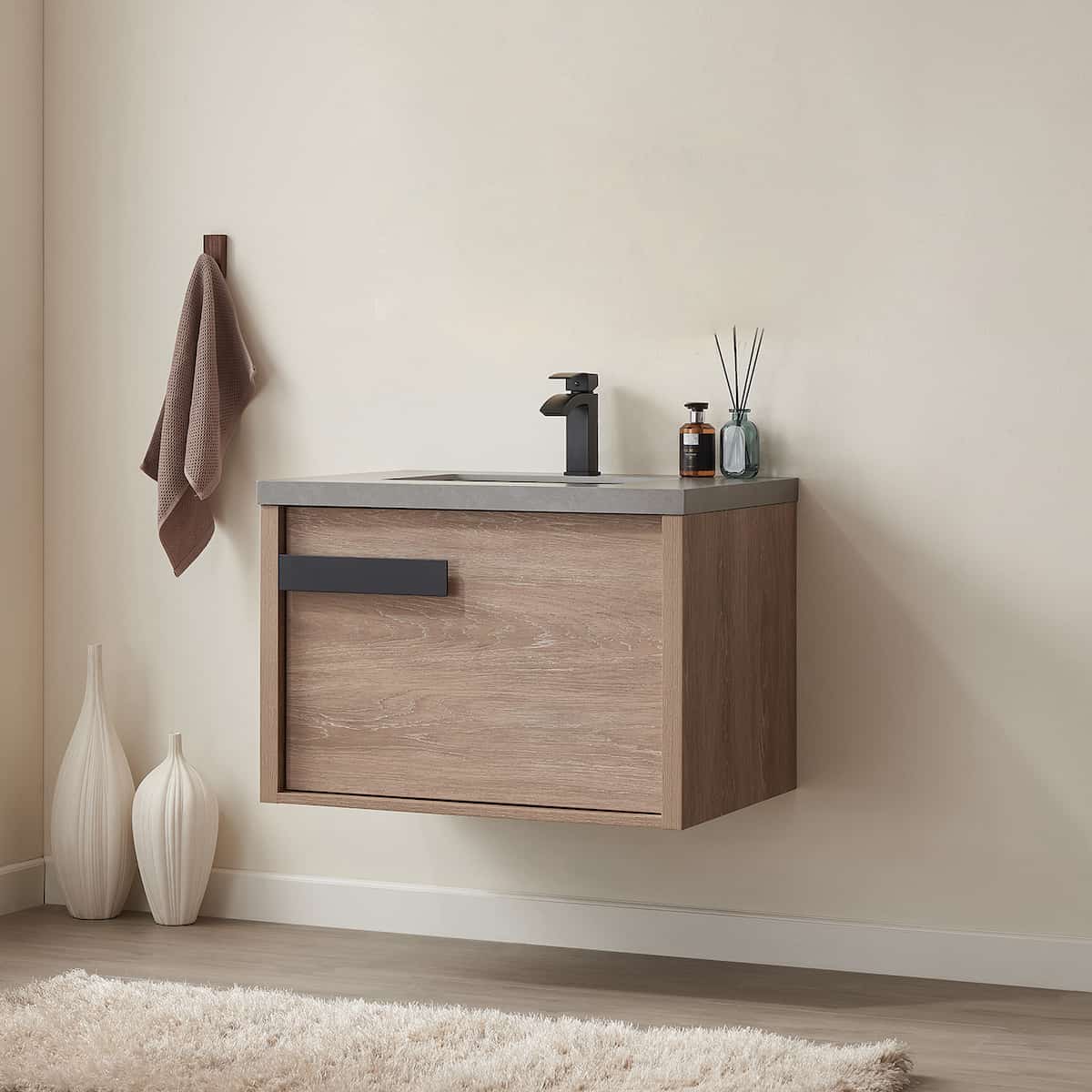 Vinnova Carcastillo 30 Inch Wall Mount Single Sink Vanity in North American Oak with Grey Sintered Stone Top Without Mirror Side 7032-NO-WK-NM