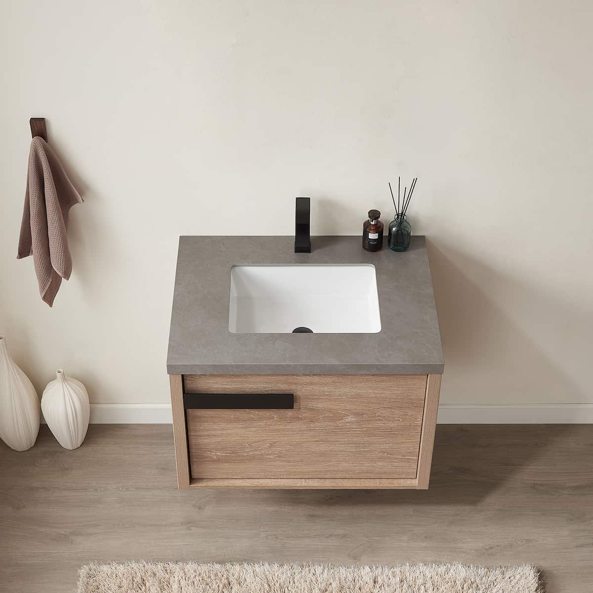 Vinnova Carcastillo 30 Inch Wall Mount Single Sink Vanity in North American Oak with Grey Sintered Stone Top Without Mirror Sink 7032-NO-WK-NM