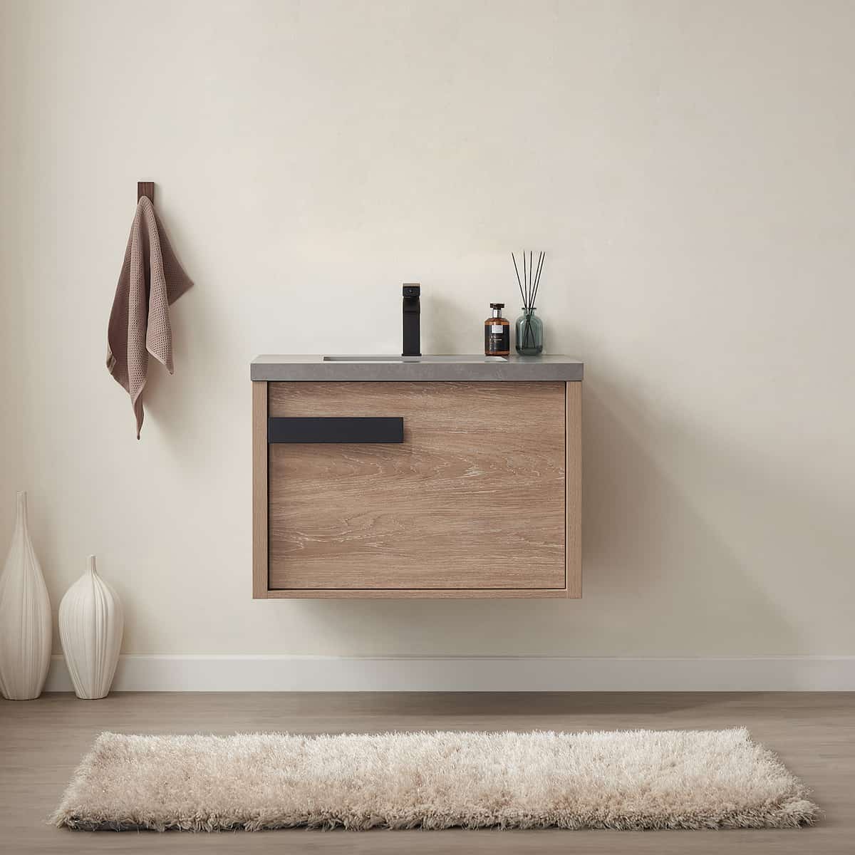 Vinnova Carcastillo 30 Inch Wall Mount Single Sink Vanity in North American Oak with Grey Sintered Stone Top Without Mirror in Bathroom 7032-NO-WK-NM