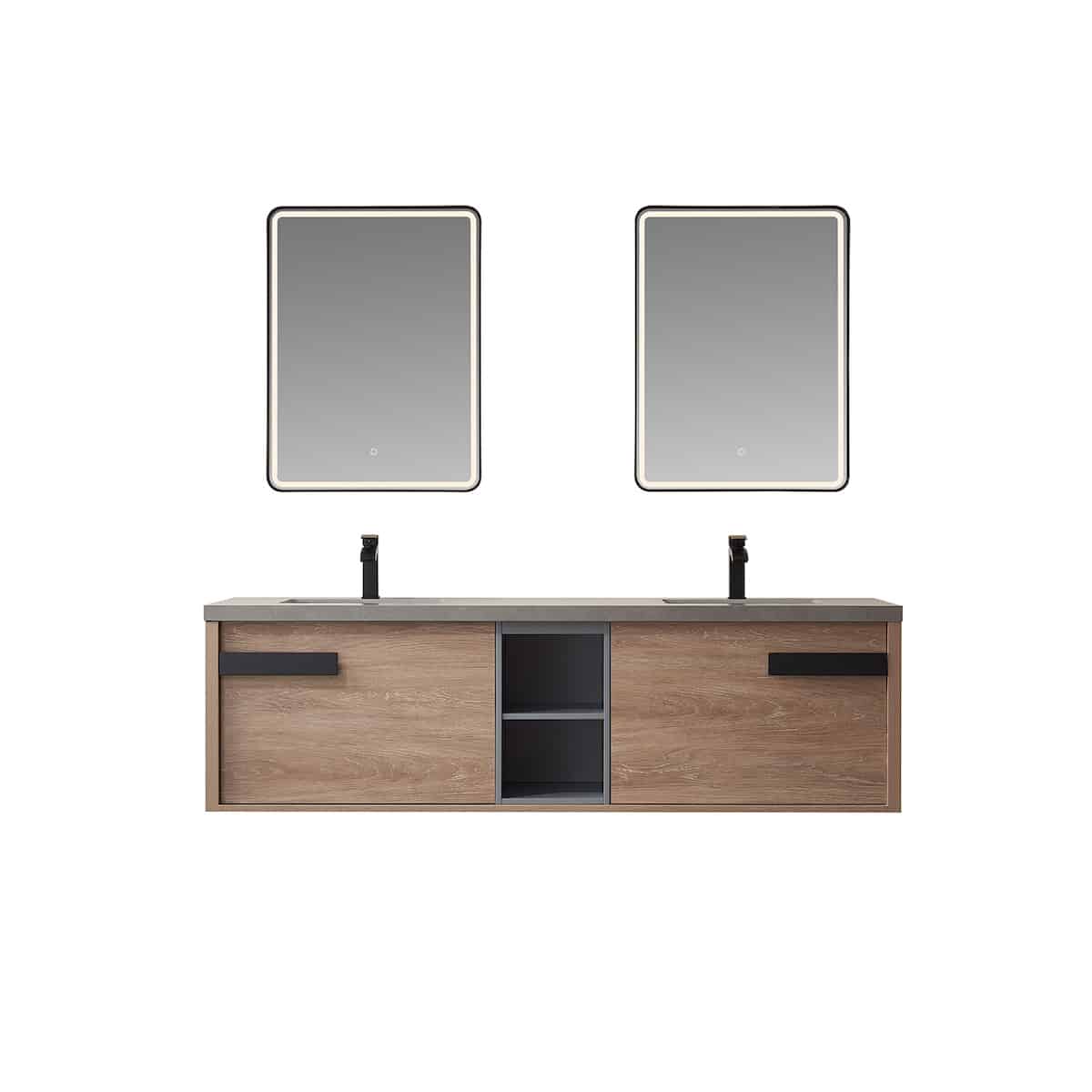Vinnova Carcastillo 72 Inch Wall Mount Double Sink Bath Vanity in North American Oak with Grey Sintered Stone Top With Mirrors 703272-NO-WK #mirror_with mirror