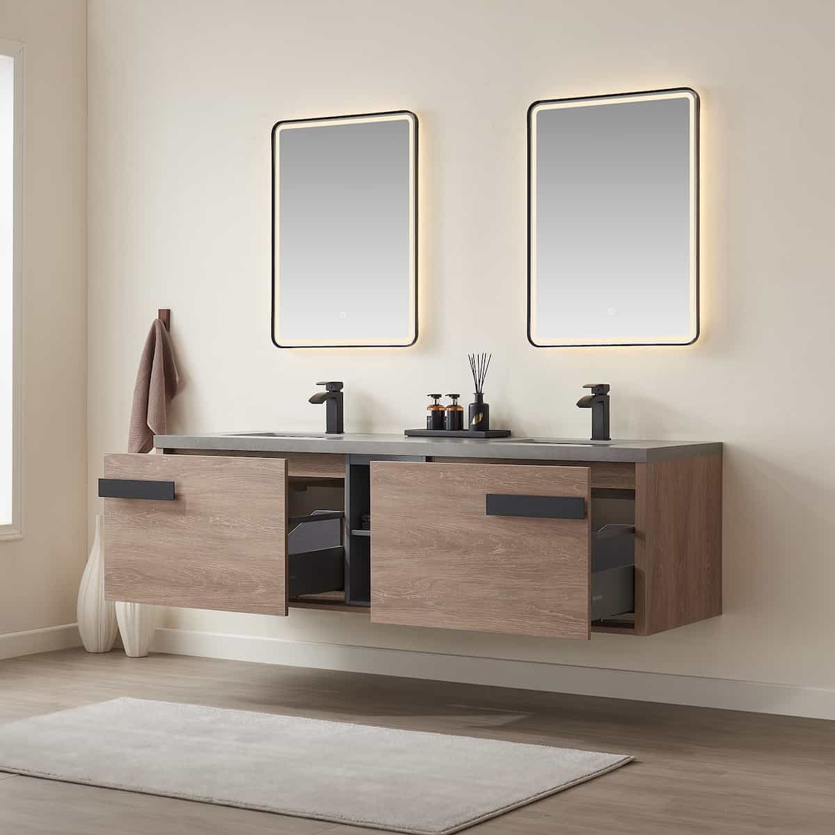 Vinnova Carcastillo 72 Inch Wall Mount Double Sink Bath Vanity in North American Oak with Grey Sintered Stone Top With Mirrors Drawers 703272-NO-WK #mirror_with mirror