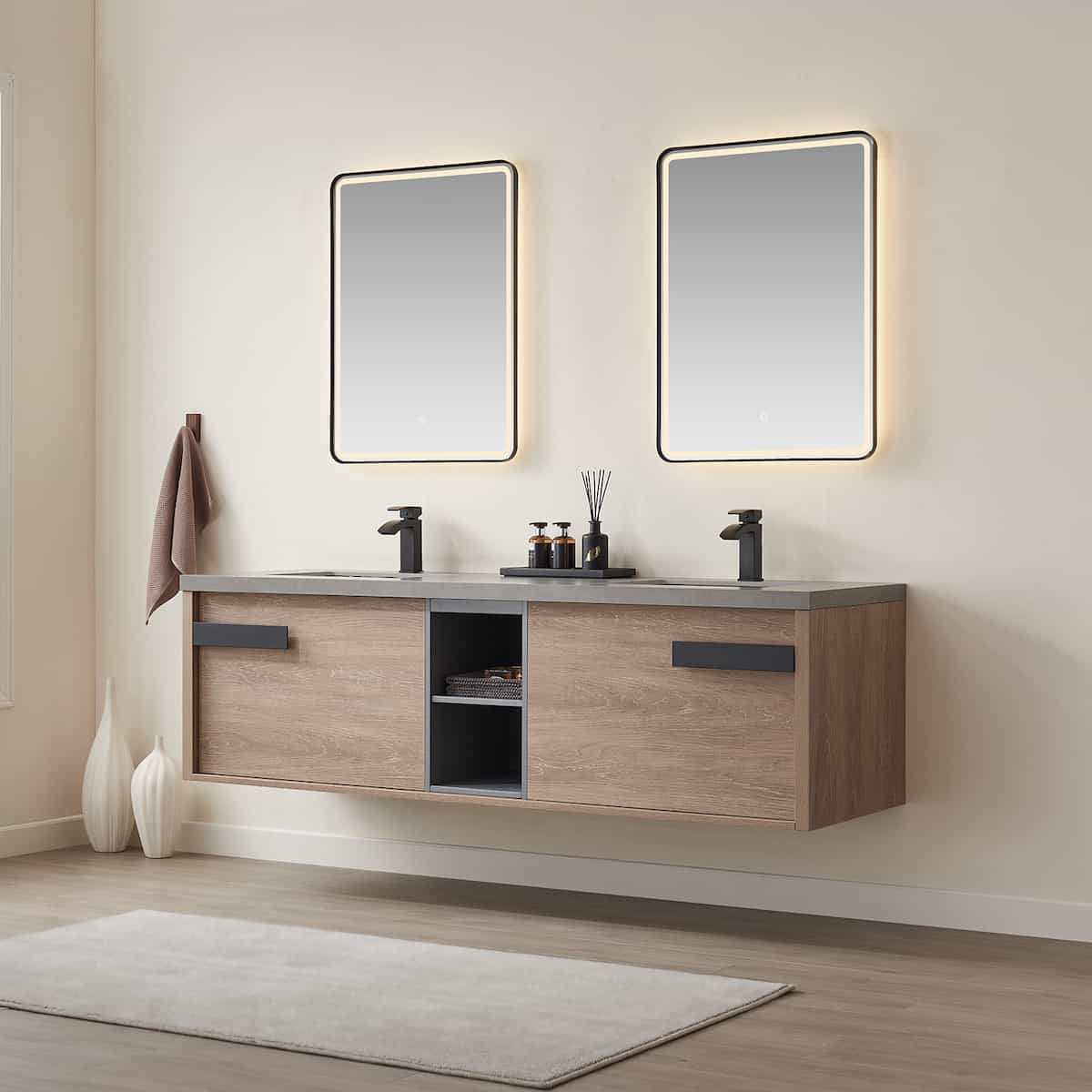 Vinnova Carcastillo 72 Inch Wall Mount Double Sink Bath Vanity in North American Oak with Grey Sintered Stone Top With Mirrors Side 703272-NO-WK #mirror_with mirror