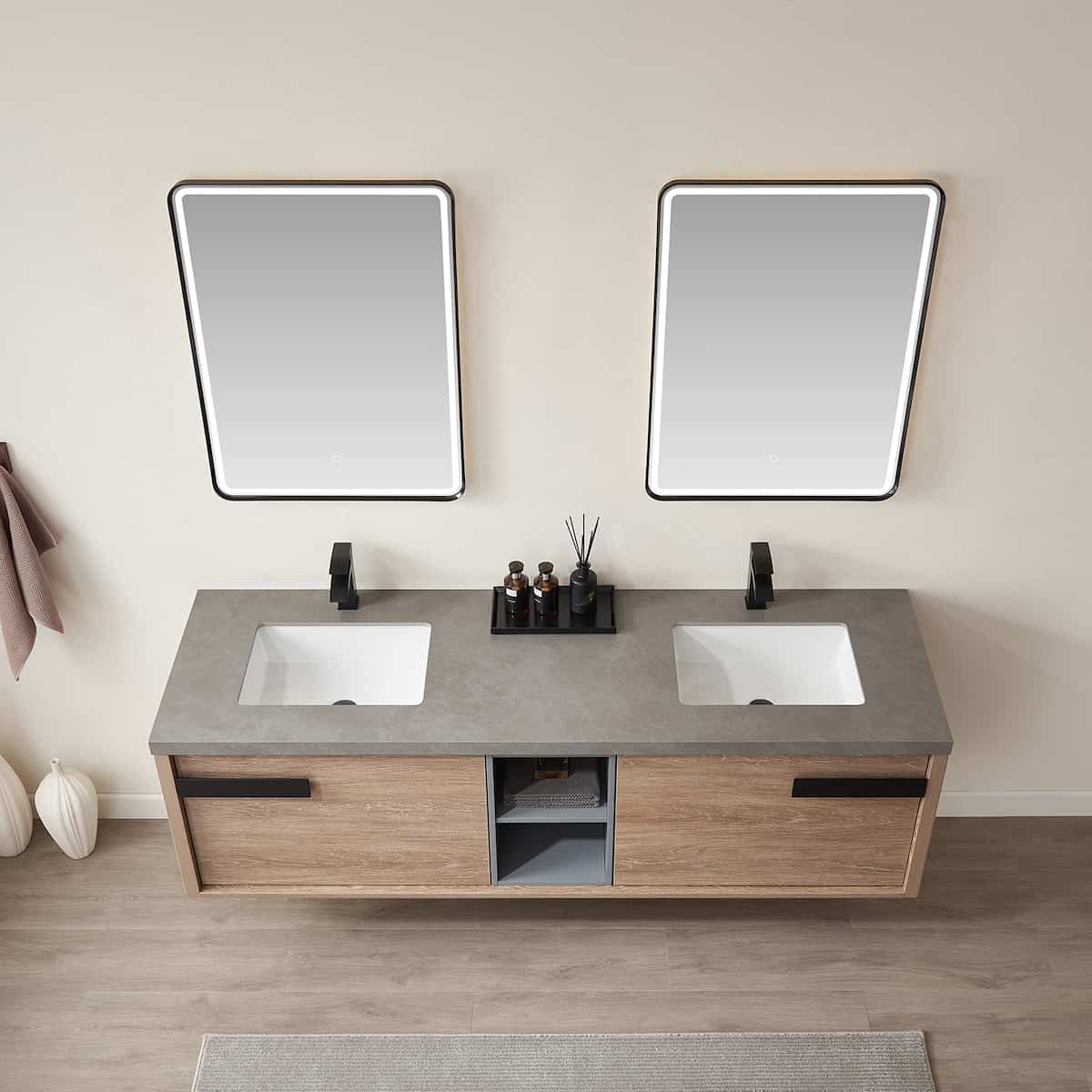 Vinnova Carcastillo 72 Inch Wall Mount Double Sink Bath Vanity in North American Oak with Grey Sintered Stone Top With Mirrors Sinks 703272-NO-WK #mirror_with mirror