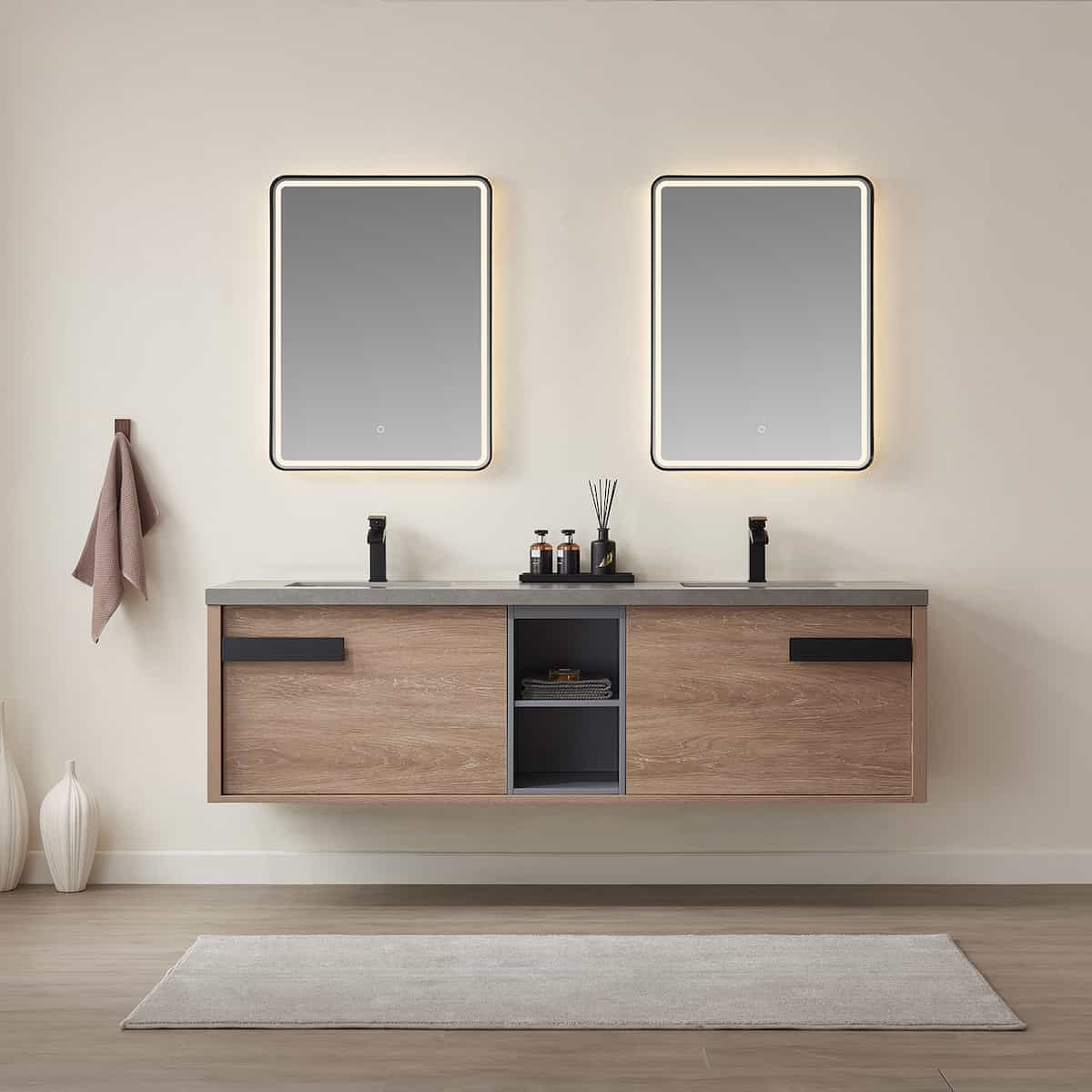 Vinnova Carcastillo 72 Inch Wall Mount Double Sink Bath Vanity in North American Oak with Grey Sintered Stone Top With Mirrors in Bathroom 703272-NO-WK #mirror_with mirror