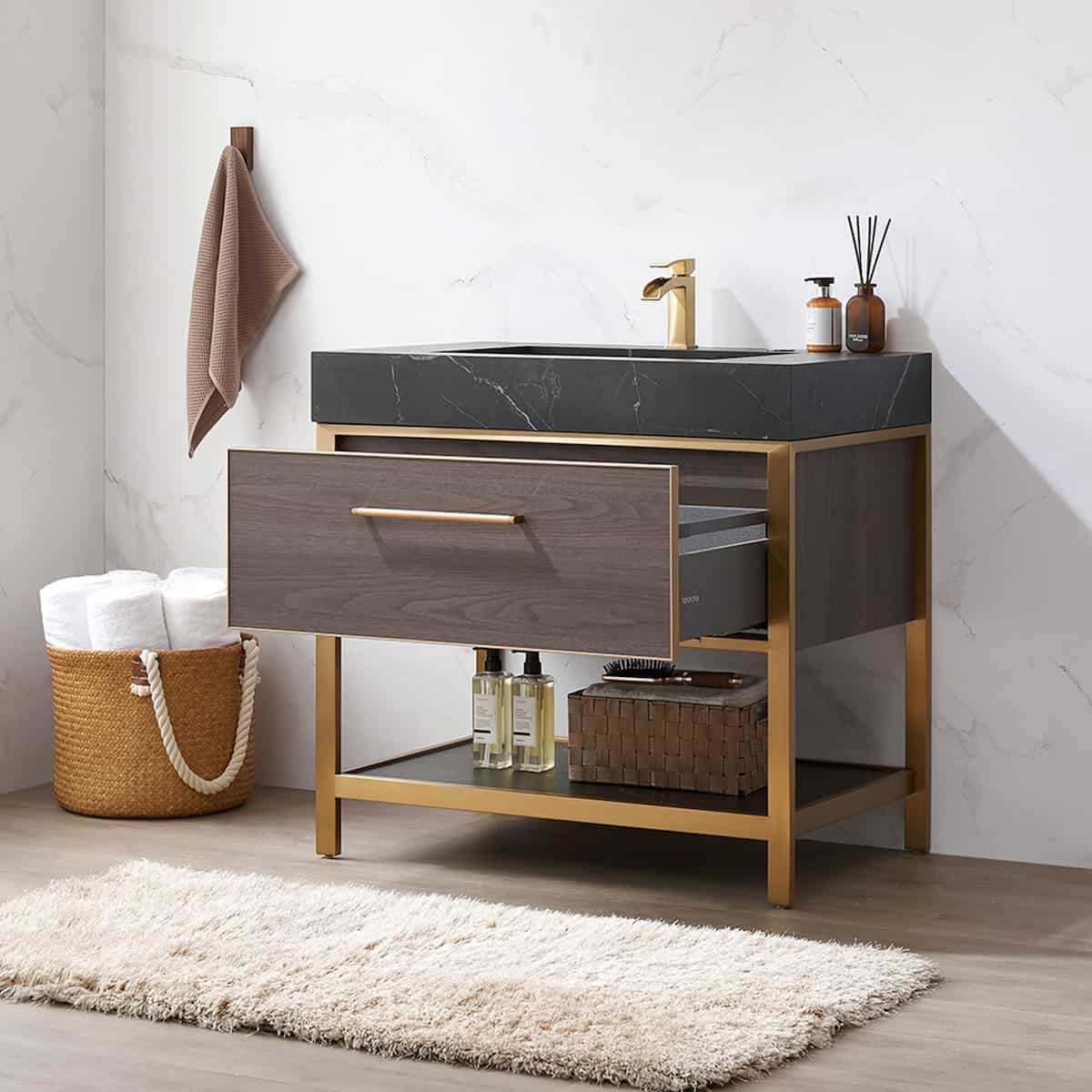 Vinnova Segovia 36 Inch Freestanding Single Sink Bath Vanity in Suleiman Oak with Black Sintered Stone Top Without Mirror Drawer 702036-SO-SL-NM