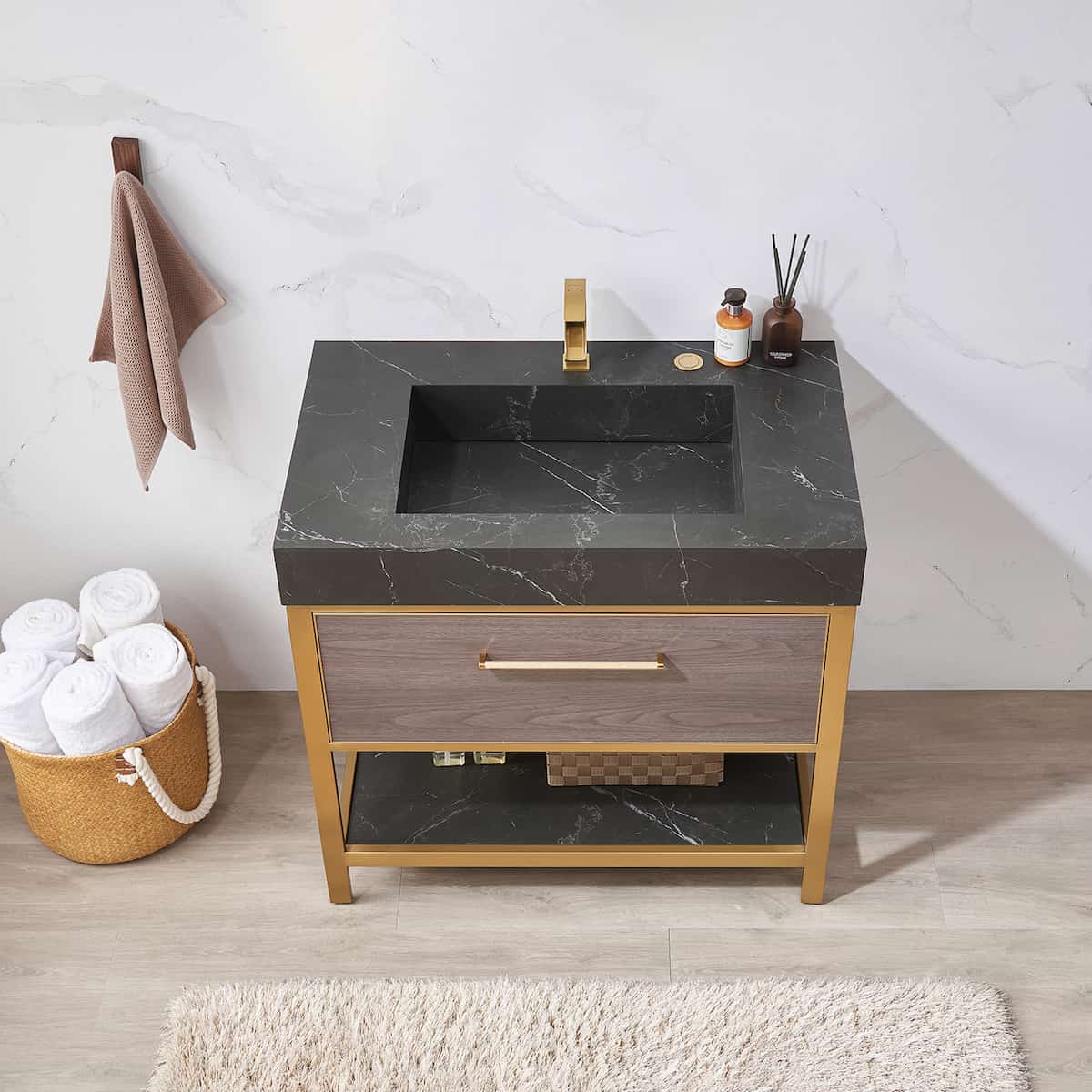 Vinnova Segovia 36 Inch Freestanding Single Sink Bath Vanity in Suleiman Oak with Black Sintered Stone Top Without Mirror Sink 702036-SO-SL-NM