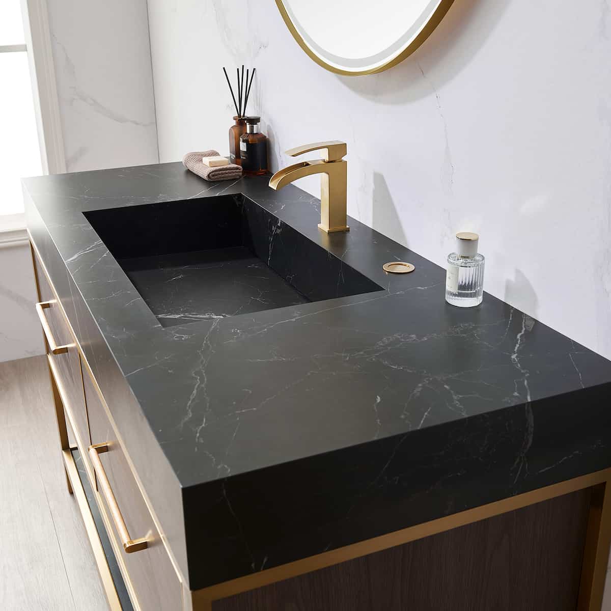 Vinnova Segovia 55 Inch Freestanding Single Sink Bath Vanity in Suleiman Oak with Black Sintered Stone Top With Mirror Counter 702055-SO-SL