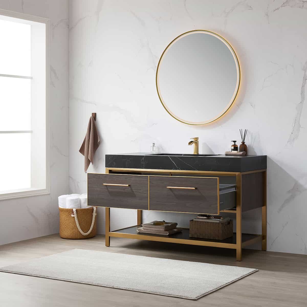 Vinnova Segovia 55 Inch Freestanding Single Sink Bath Vanity in Suleiman Oak with Black Sintered Stone Top With Mirror Drawers 702055-SO-SL