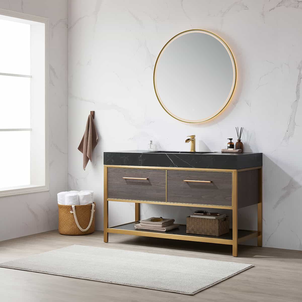 Vinnova Segovia 55 Inch Freestanding Single Sink Bath Vanity in Suleiman Oak with Black Sintered Stone Top With Mirror Side 702055-SO-SL