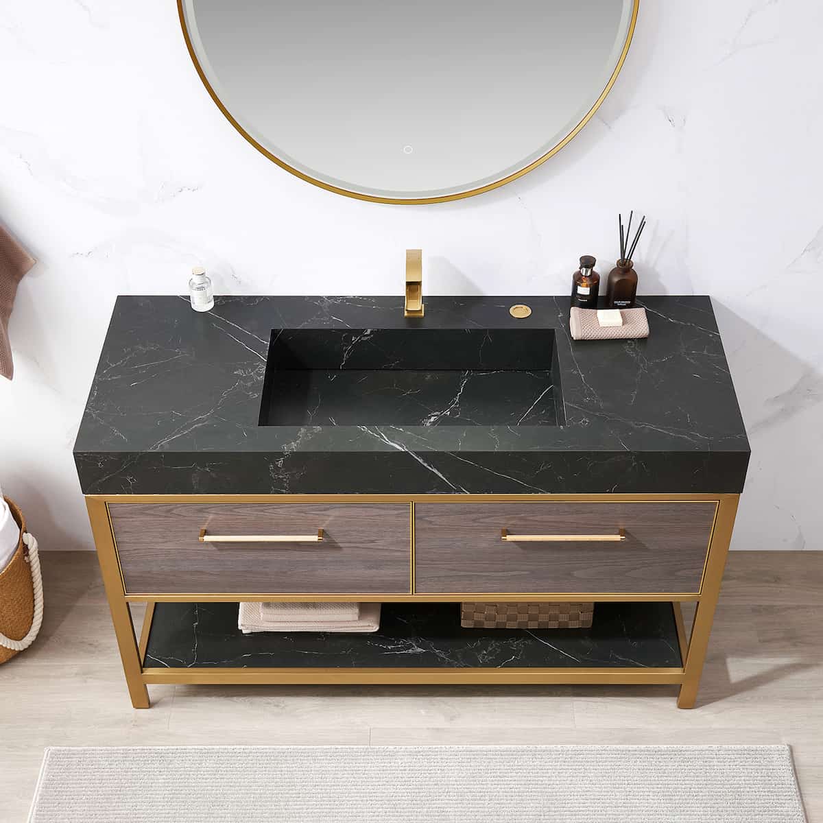 Vinnova Segovia 55 Inch Freestanding Single Sink Bath Vanity in Suleiman Oak with Black Sintered Stone Top With Mirror Sink 702055-SO-SL