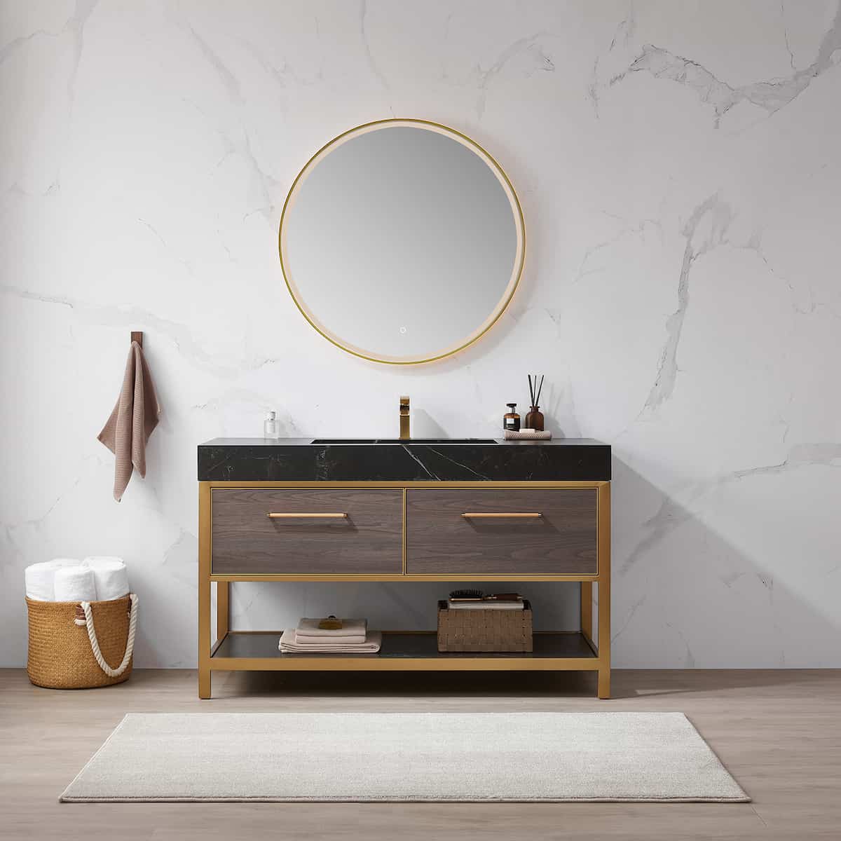 Vinnova Segovia 55 Inch Freestanding Single Sink Bath Vanity in Suleiman Oak with Black Sintered Stone Top With Mirror in Bathroom 702055-SO-SL