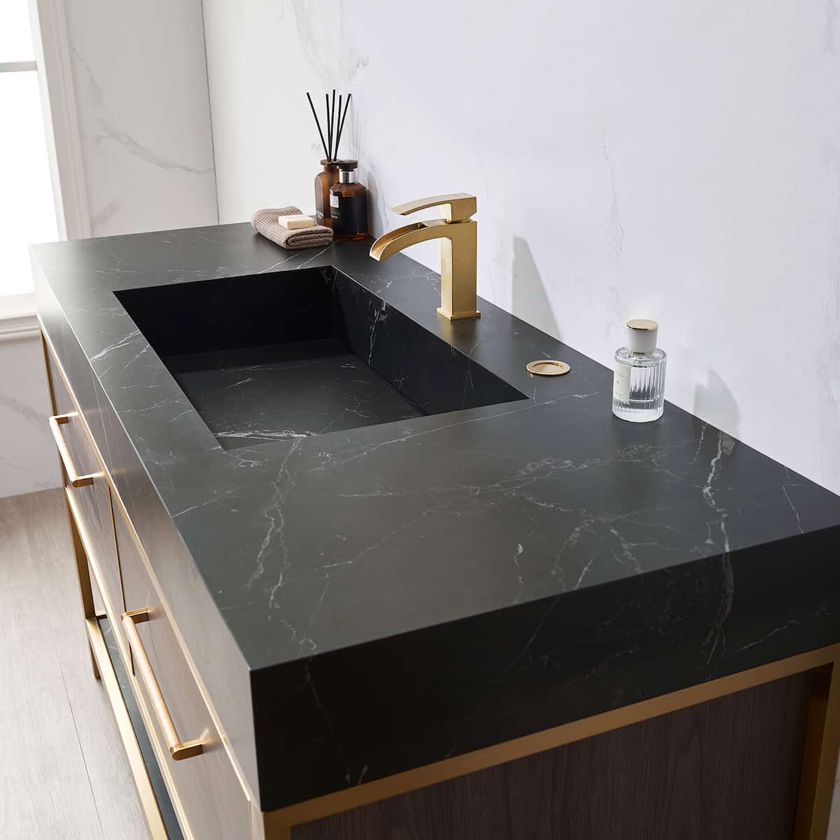 Vinnova Segovia 55 Inch Freestanding Single Sink Bath Vanity in Suleiman Oak with Black Sintered Stone Top Without Mirror Counter 702055-SO-SL-NM