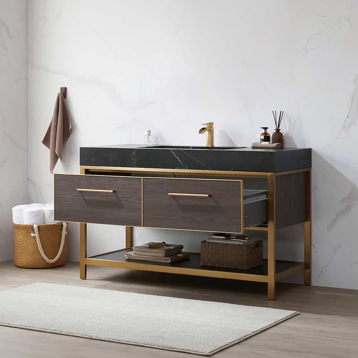 Vinnova Segovia 55 Inch Freestanding Single Sink Bath Vanity in Suleiman Oak with Black Sintered Stone Top Without Mirror Drawers 702055-SO-SL-NM