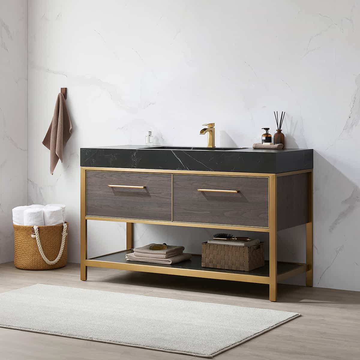 Vinnova Segovia 55 Inch Freestanding Single Sink Bath Vanity in Suleiman Oak with Black Sintered Stone Top Without Mirror Side 702055-SO-SL-NM