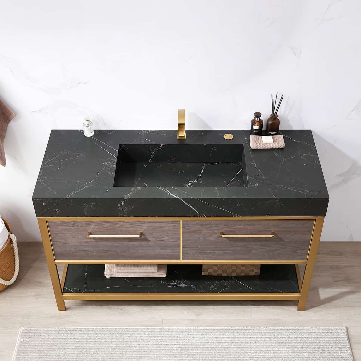 Vinnova Segovia 55 Inch Freestanding Single Sink Bath Vanity in Suleiman Oak with Black Sintered Stone Top Without Mirror Sink 702055-SO-SL-NM