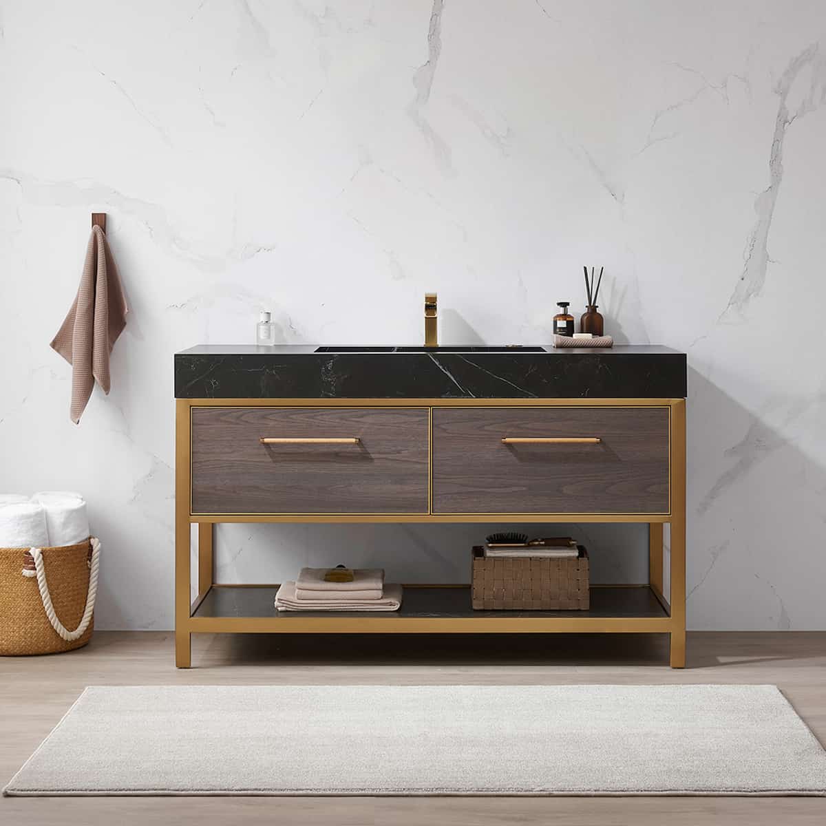 Vinnova Segovia 55 Inch Freestanding Single Sink Bath Vanity in Suleiman Oak with Black Sintered Stone Top Without Mirror in Bathroom 702055-SO-SL-NM