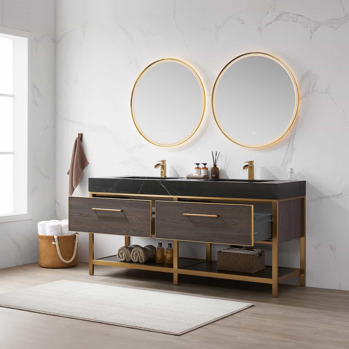Vinnova Segovia 72 Inch Freestanding Double Sink Bath Vanity in Suleiman Oak with Black Sintered Stone Top With Mirrors Drawers 702072-SO-SL #mirror_with mirror