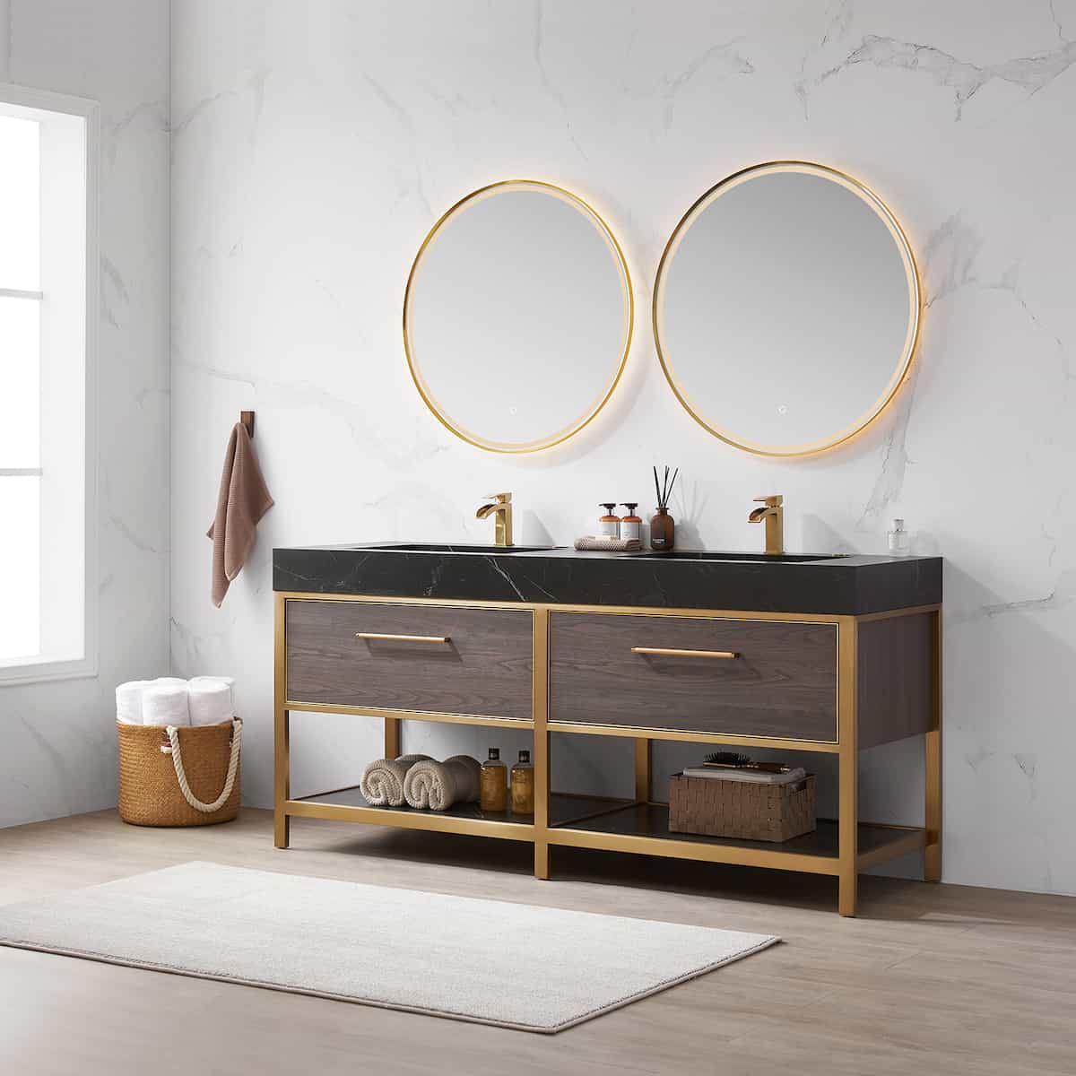Vinnova Segovia 72 Inch Freestanding Double Sink Bath Vanity in Suleiman Oak with Black Sintered Stone Top With Mirrors Side 702072-SO-SL #mirror_with mirror