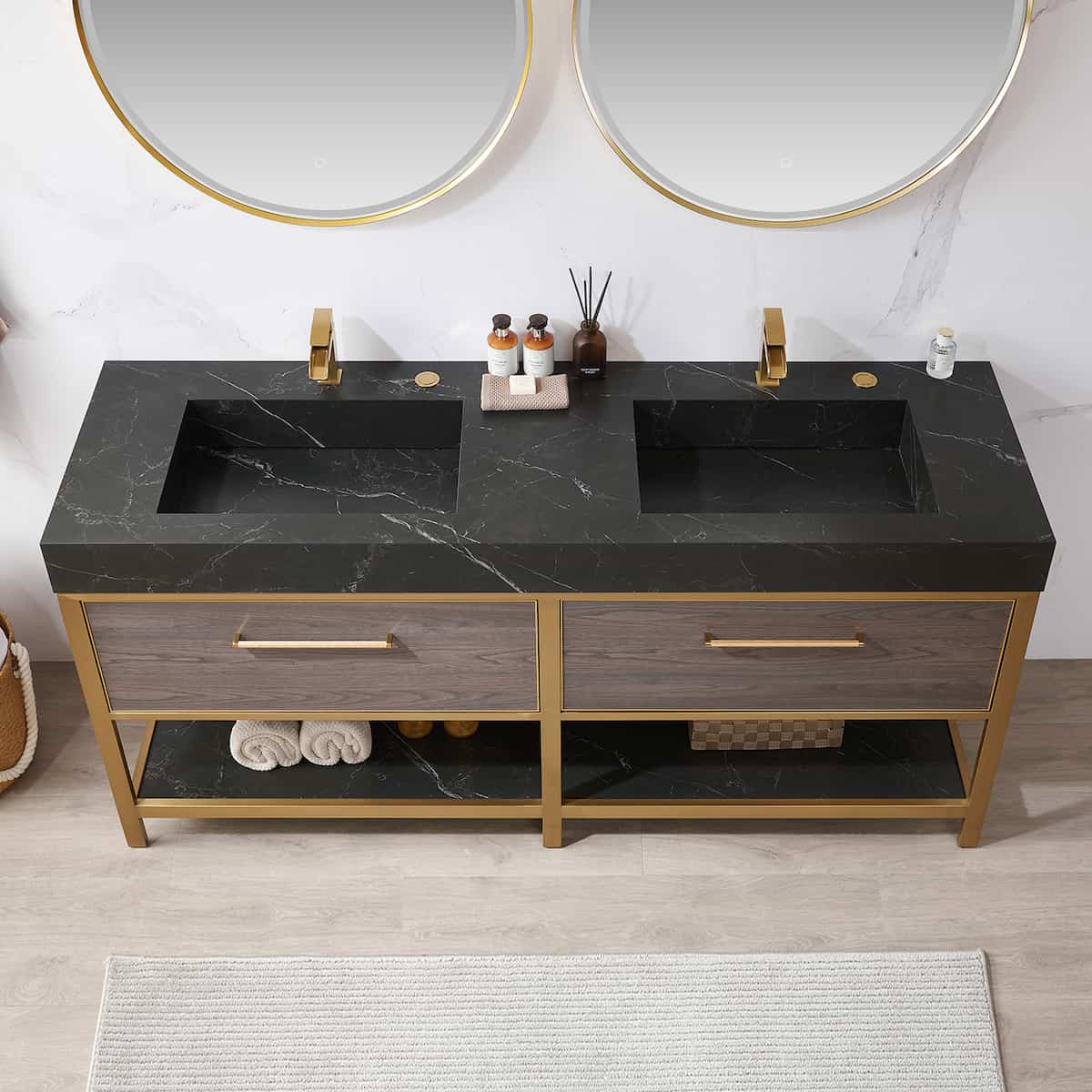 Vinnova Segovia 72 Inch Freestanding Double Sink Bath Vanity in Suleiman Oak with Black Sintered Stone Top With Mirrors Sinks 702072-SO-SL #mirror_with mirror