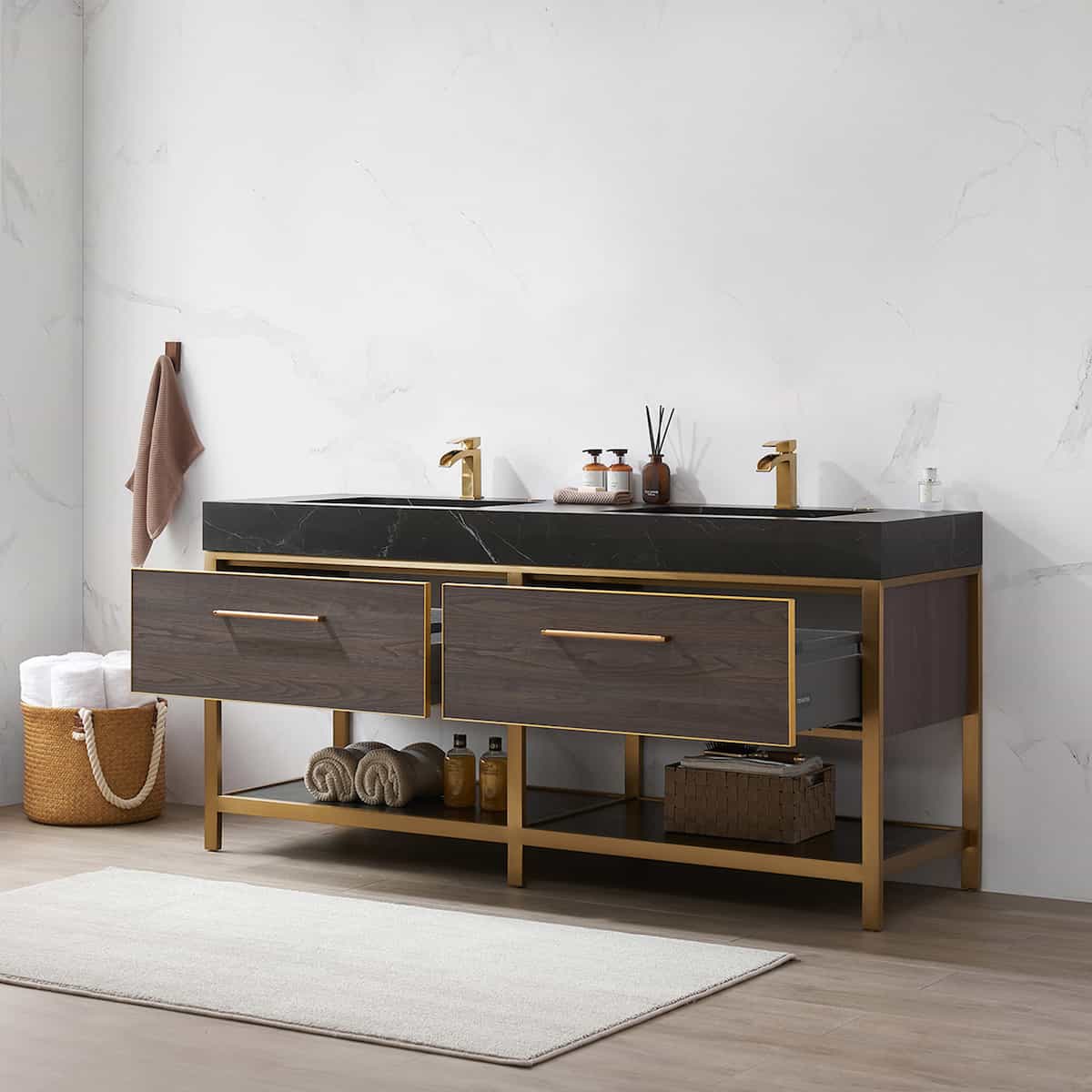Vinnova Segovia 72 Inch Freestanding Double Sink Bath Vanity in Suleiman Oak with Black Sintered Stone Top Without Mirror Drawers 702072-SO-SL-NM #mirror_without mirror