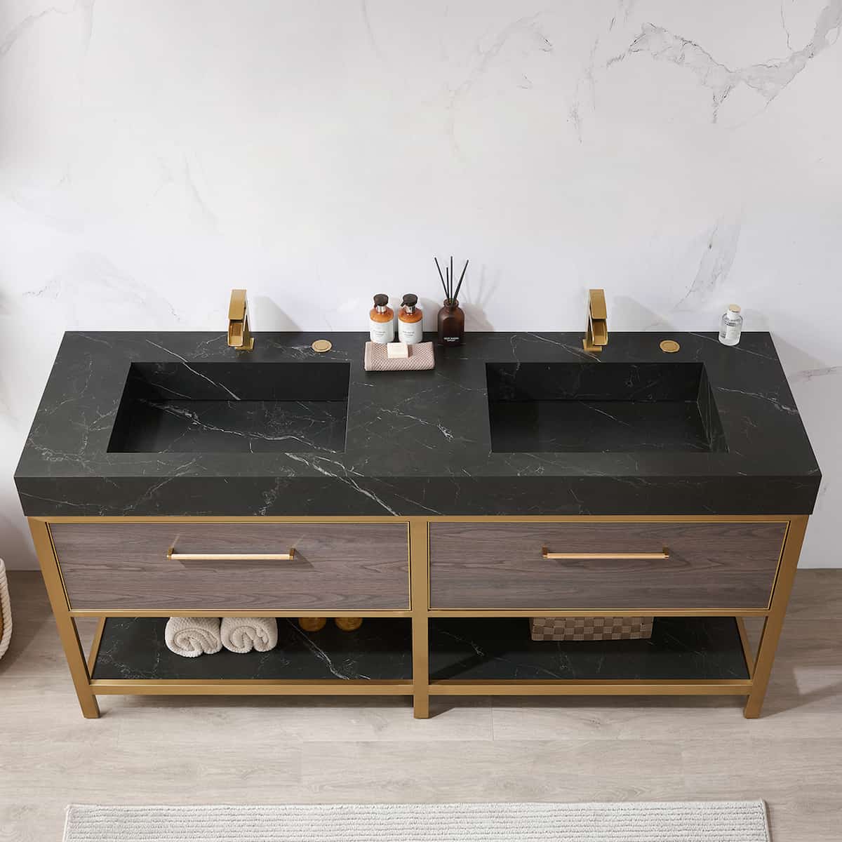Vinnova Segovia 72 Inch Freestanding Double Sink Bath Vanity in Suleiman Oak with Black Sintered Stone Top Without Mirror Sinks 702072-SO-SL-NM #mirror_without mirror
