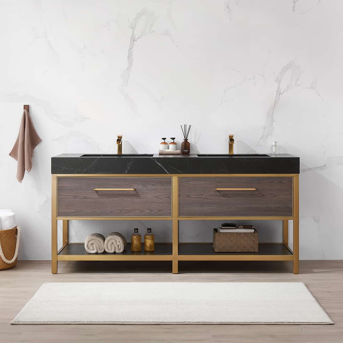Vinnova Segovia 72 Inch Freestanding Double Sink Bath Vanity in Suleiman Oak with Black Sintered Stone Top Without Mirror in Bathroom 702072-SO-SL-NM #mirror_without mirror