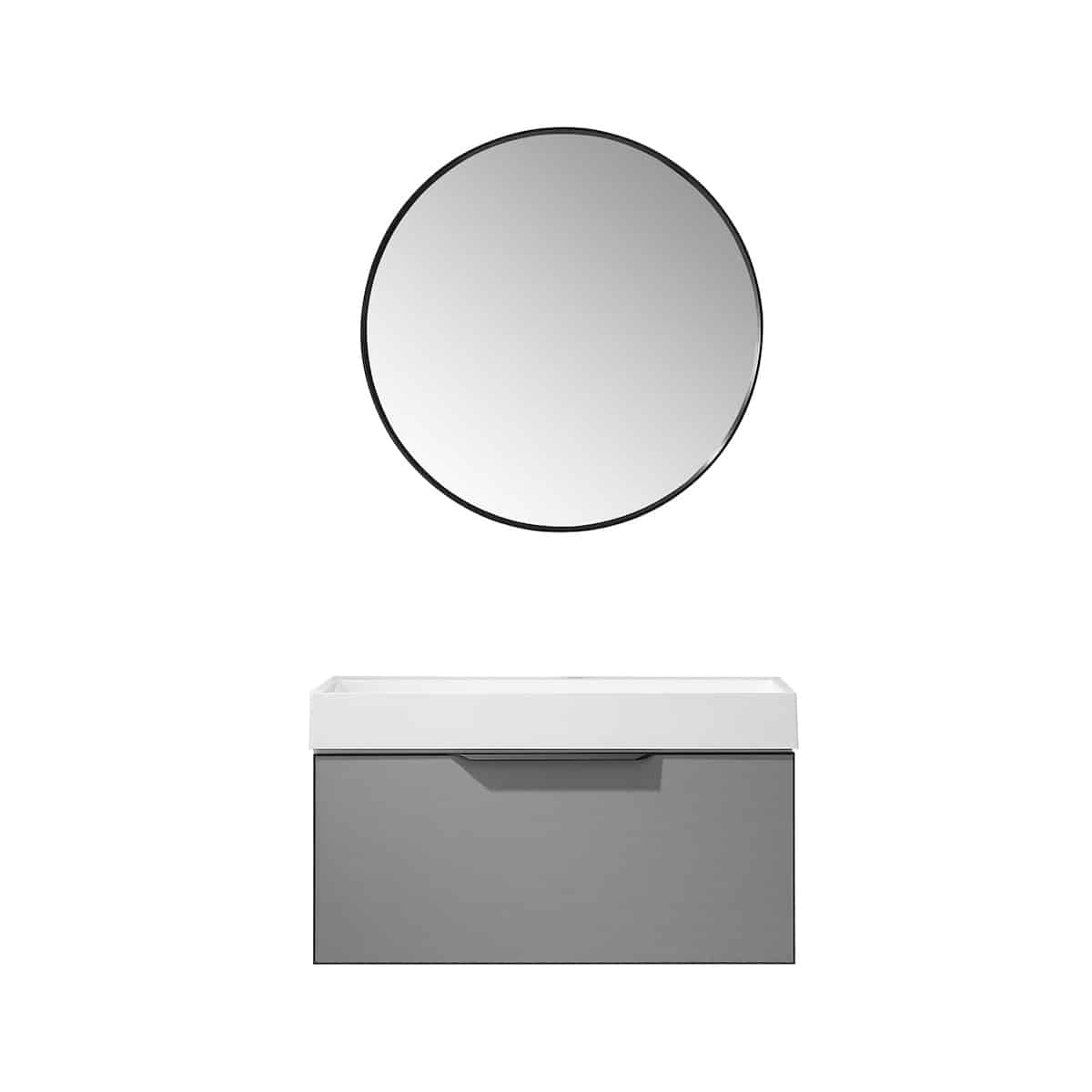 Vinnova Vegadeo 36 Inch Wall Mount Single Sink Bath Vanity in Elegant Grey Finish with White One-Piece Composite Stone Sink Top With Mirror 703436-MG-WH