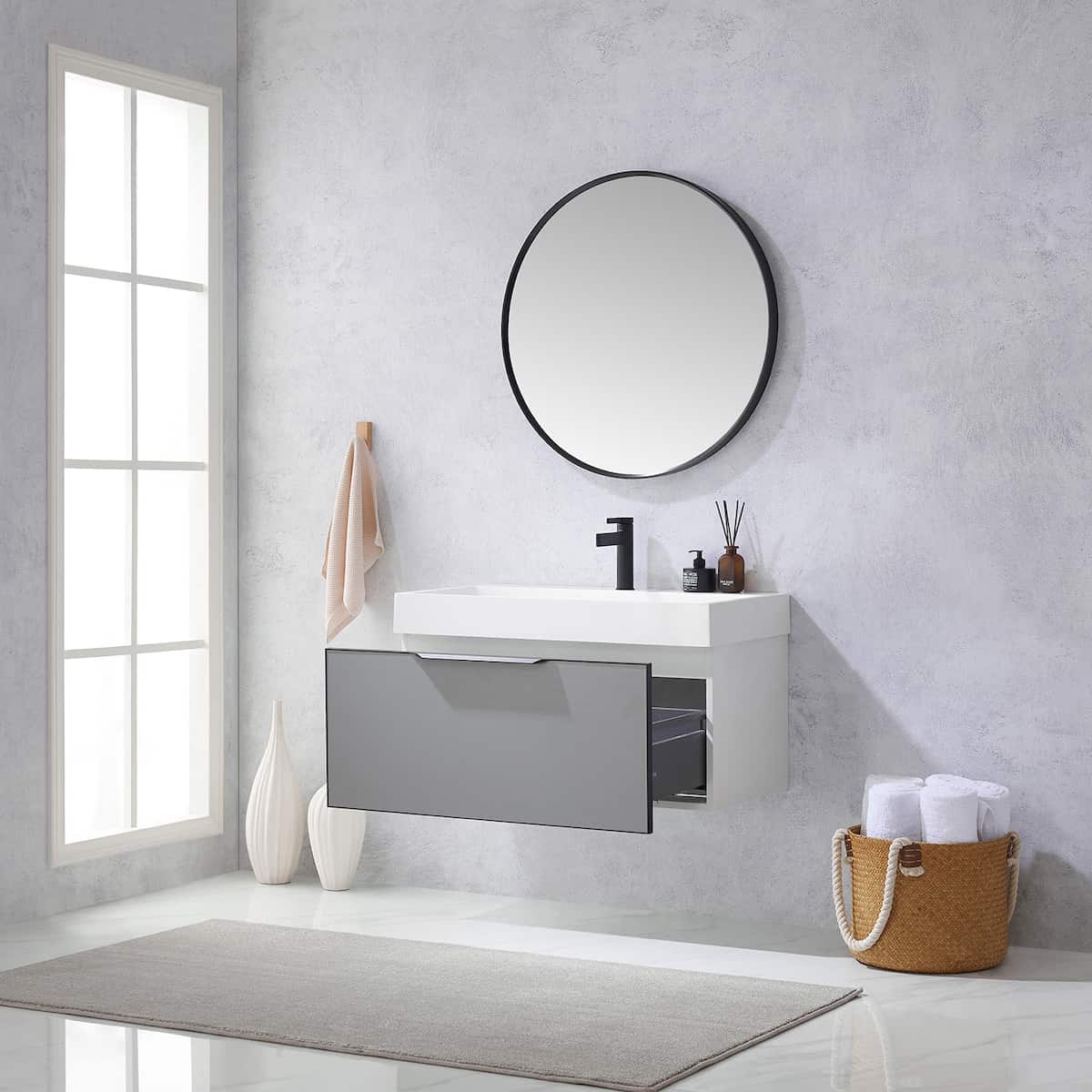 Vinnova Vegadeo 36 Inch Wall Mount Single Sink Bath Vanity in Elegant Grey Finish with White One-Piece Composite Stone Sink Top With Mirror Drawer 703436-MG-WH