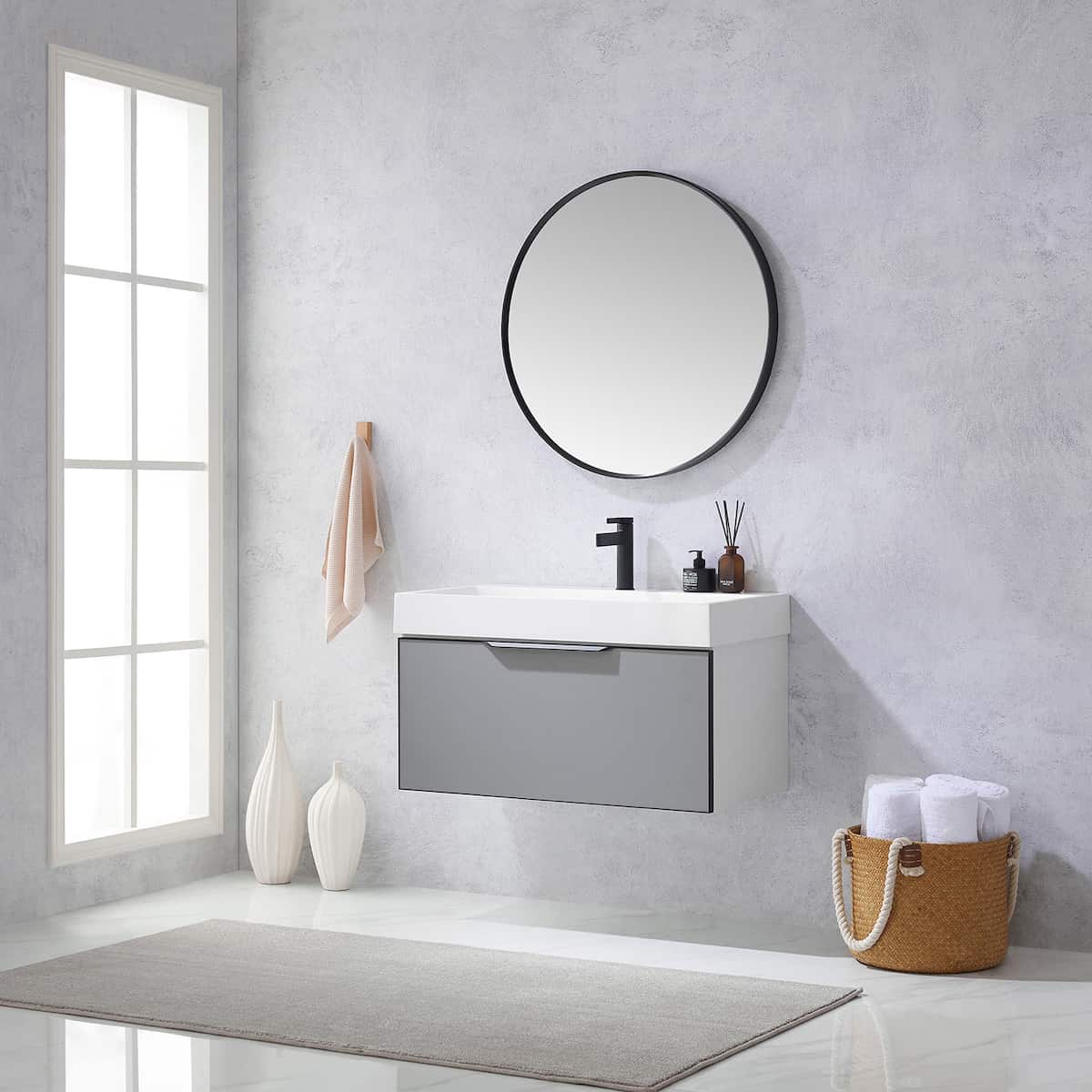 Vinnova Vegadeo 36 Inch Wall Mount Single Sink Bath Vanity in Elegant Grey Finish with White One-Piece Composite Stone Sink Top With Mirror Side 703436-MG-WH